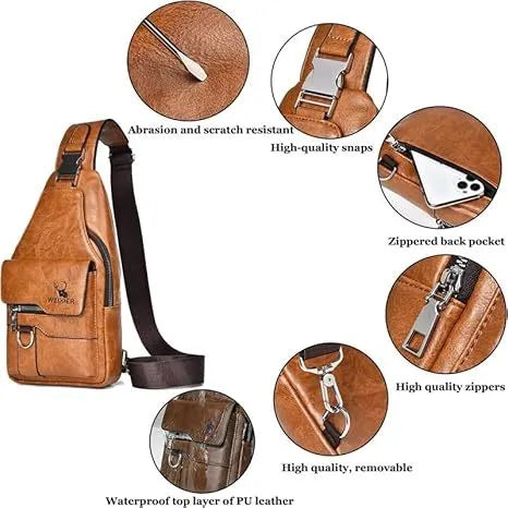 Premium PU Leather Vintage-Style Chest Bag - Spacious Multi-Compartment Crossbody Bag With Waterproof Design, Large Capacity, And Stylish Casual Look For Men - Evallys.com