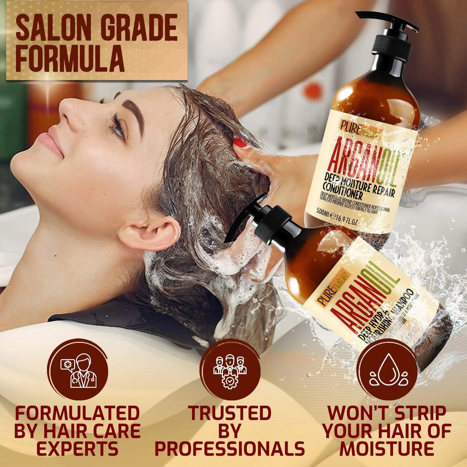 Argan Oil Shampoo and Conditioner Set - Sulfate Free Moroccan Care with Keratin - For Curly, Straight, Dry and Damaged Hair - Moisturizing, Hydrating, Anti Frizz Salon Technology - Evallys.com