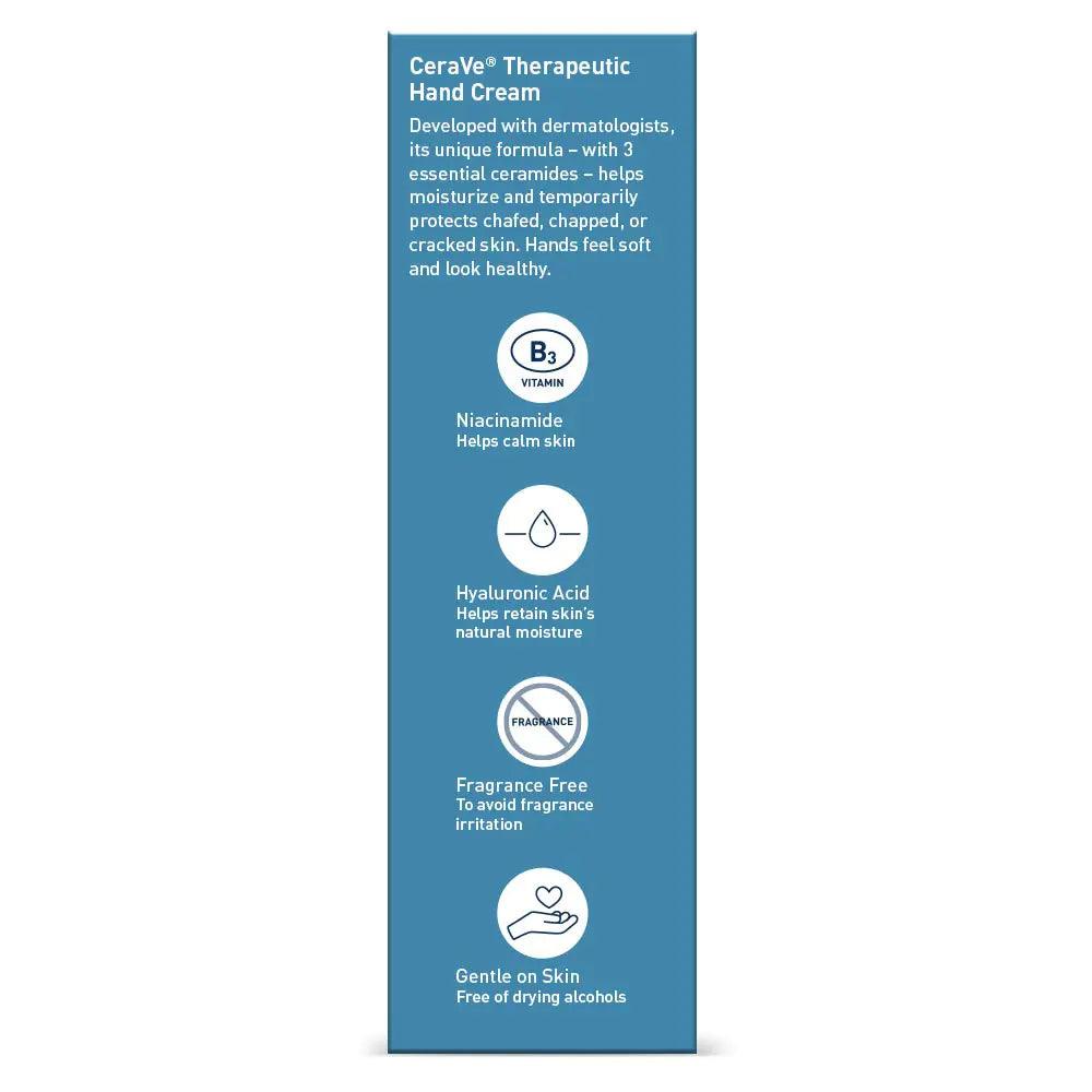 CeraVe Therapeutic Hand Cream for Dry Cracked Hands With Hyaluronic Acid and Niacinamide | Fragrance Free 3 Ounce 3 Ounce (Pack of 1) - Evallys.com