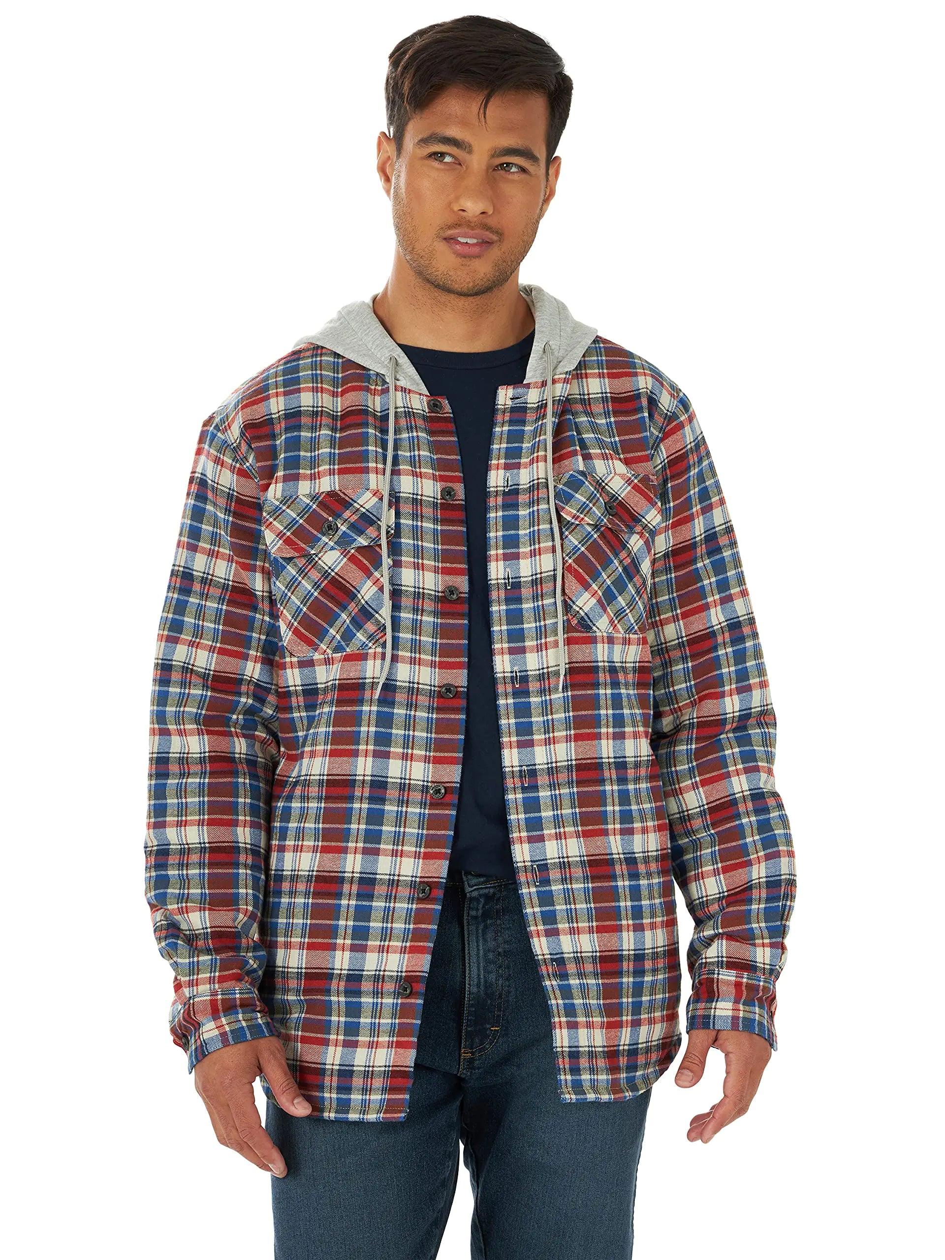 Wrangler Authentics Men's Long Sleeve Quilted Lined Flannel Shirt Jacket with Hood Small Bossa Nova - Evallys.com