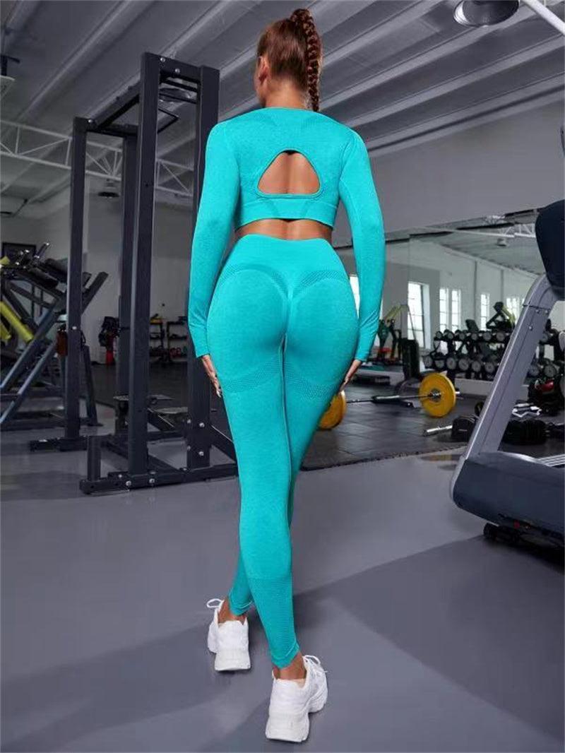 2Pcs Sports Suits Long Sleeve Hollow Design Tops and Butt Lifting High Waist Seamless Fitness Leggings Sports Gym Sportswear Outfits Clothing - Evallys.com # #