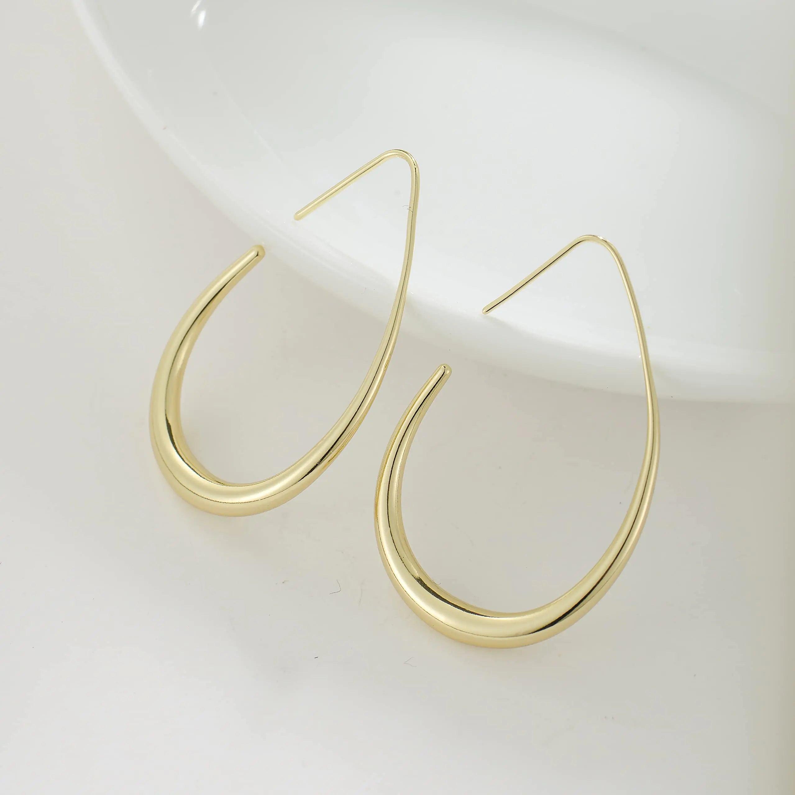 Lightweight Teardrop Hoop Earrings for Women - 14k Gold/White Gold Plated Large Oval Pull Through Hoop Earrings High Polished Statement Jewelry Gift for Women - Evallys.com # #