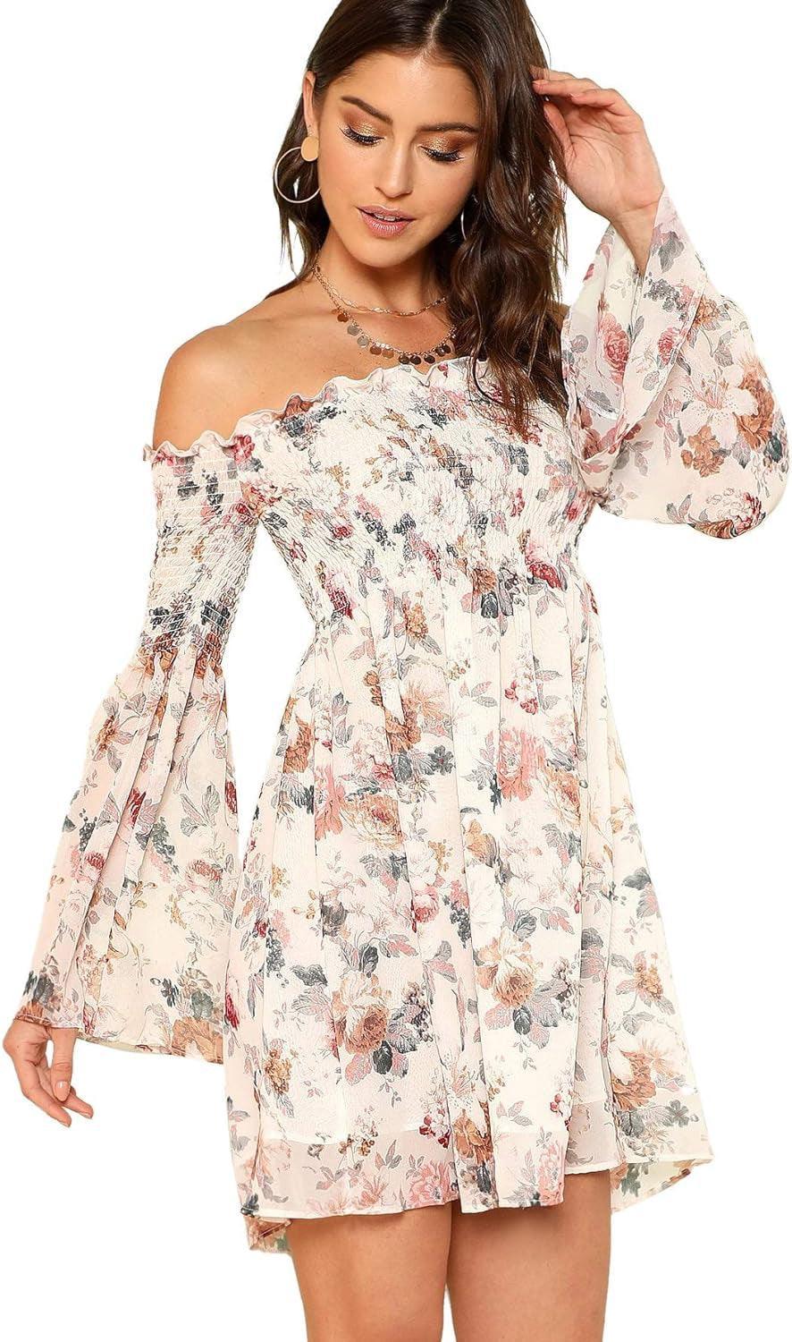 Romwe Women'S Casual Floral Print off Shoulder Trumpet Sleeve Swing Dress - Evallys.com # #