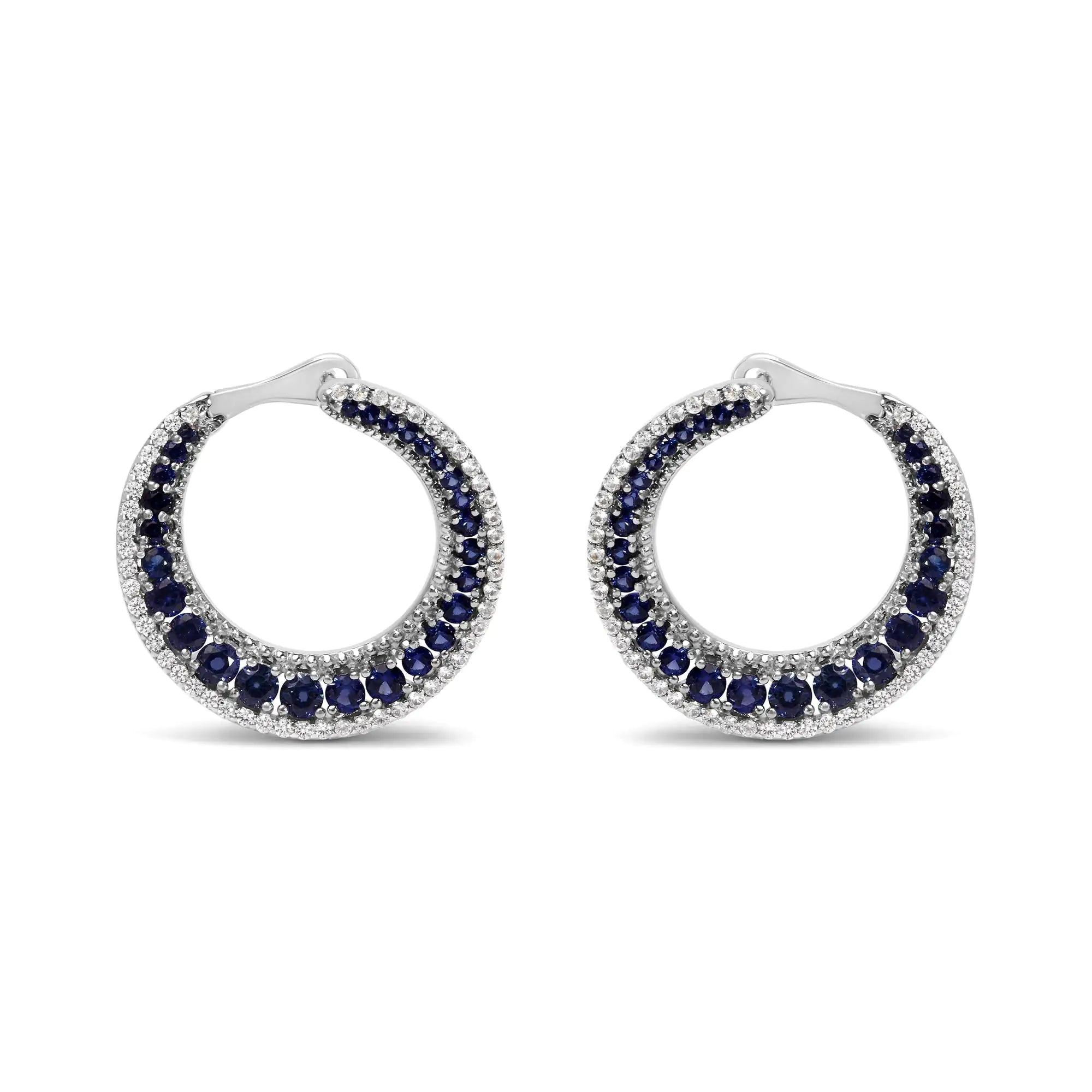 .925 Sterling Silver 2 3/4 Cttw Created Blue Sapphire Crescent Moon Disc Style Hoop Earrings - AAA Quality - Evallys.com # #