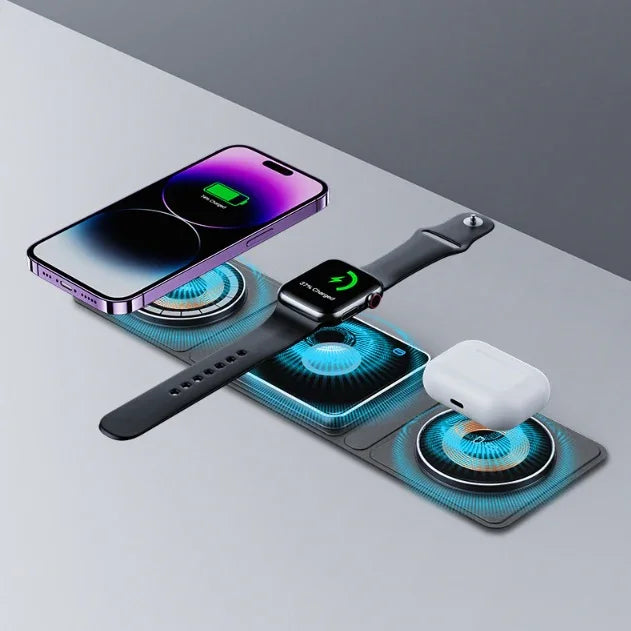 3 IN 1 Magnetic Folding Wireless Charger Station For IPhone Transparent Fast Charging For IWatch And Airpods - Evallys.com