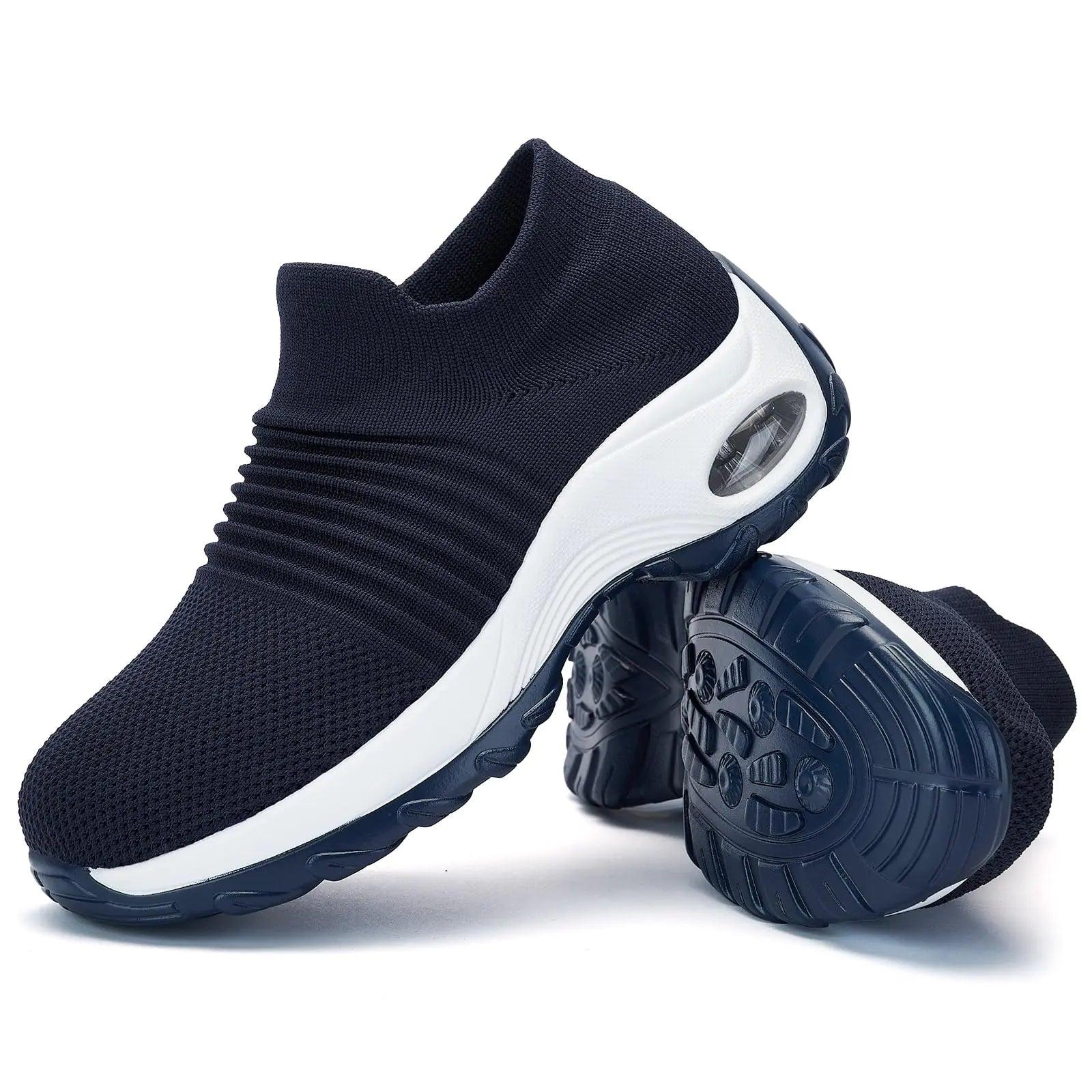 Women's Walking Shoes Sock Sneakers - Mesh Slip On Air Cushion Lady Girls Modern Jazz Dance Easy Shoes Platform Loafers 5.5 Navy Blue White - Evallys.com # #