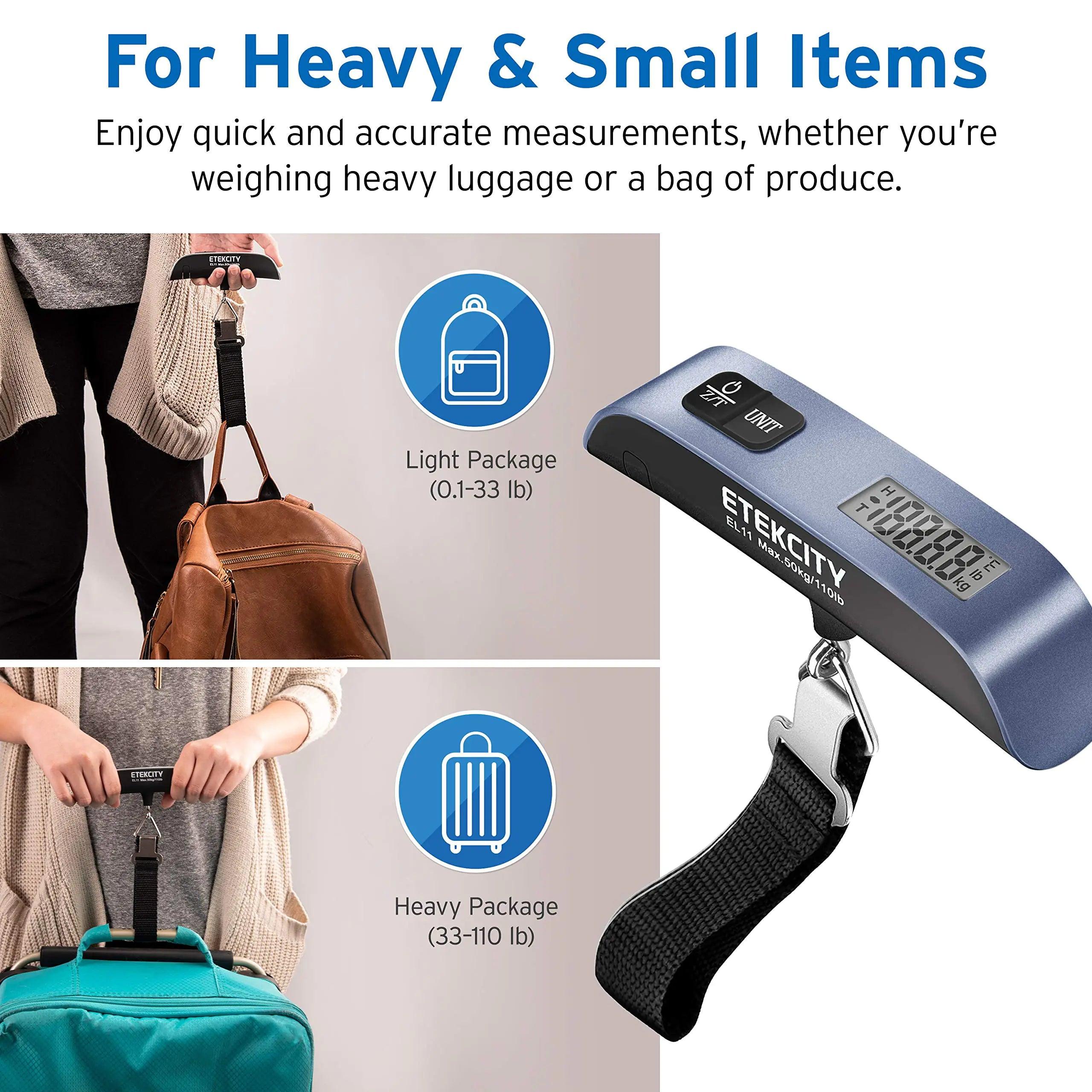 Etekcity Luggage Scale, Suitcase Weight Scale with Hook for Travel Essentials, Digital Portable Hand Hanging Weigher for Bag Tags, 110 Pounds, Heavy Duty, Battery Included Bright Blue - Evallys.com