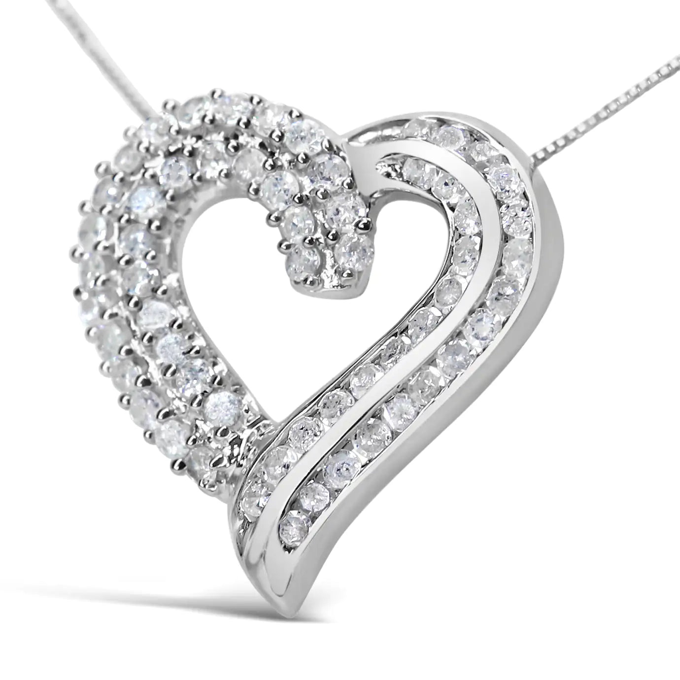 .925 Sterling Silver 1.0 Cttw Prong & Channel-Set Diamond Open work Ribbon Heart Pendant 18" Necklace (I-J Color, I3 Clarity) - Evallys.com # #