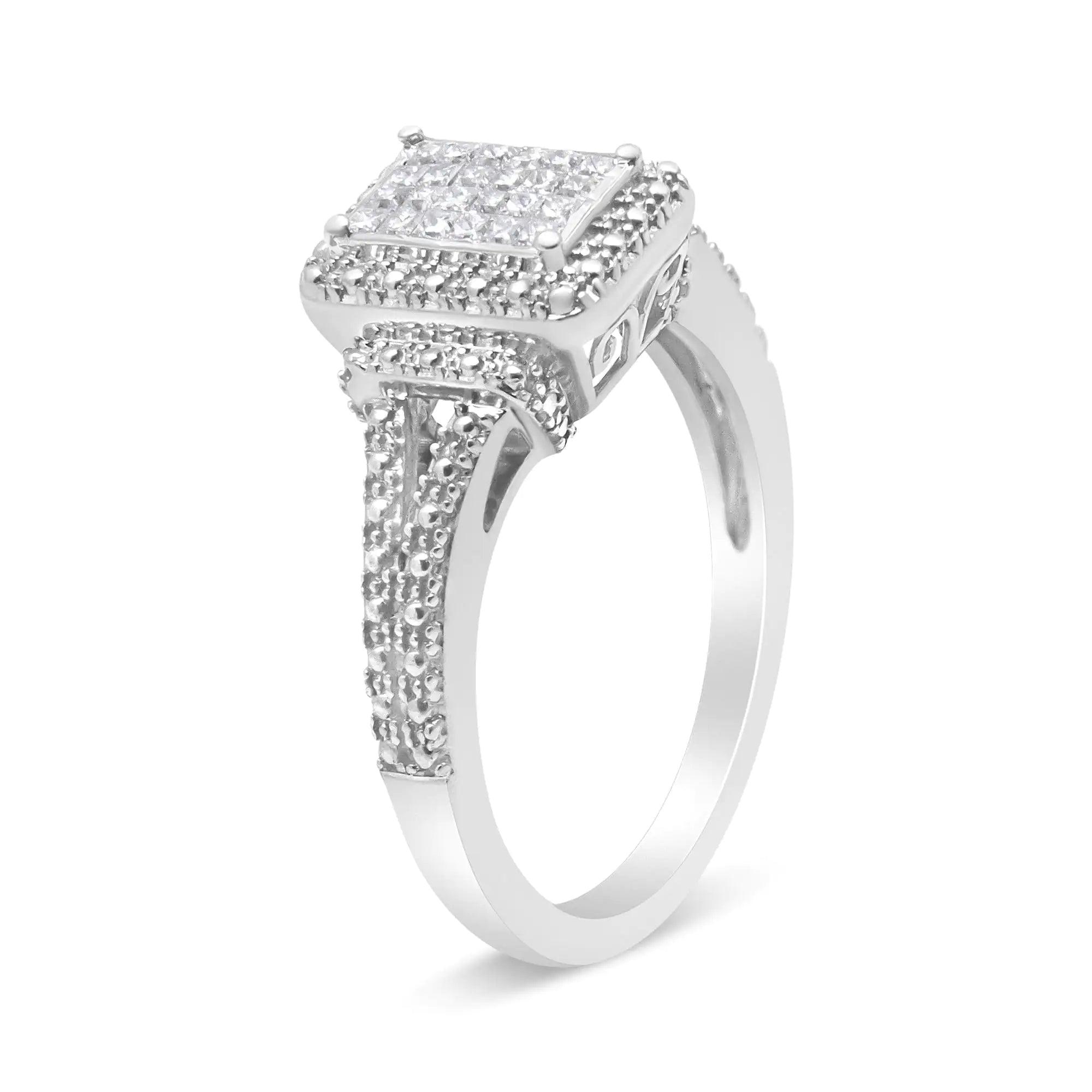 .925 Sterling Silver 1/4 Cttw Princess-cut Diamond Composite Engagement Ring with Beaded Shank (H-I Color, SI1-SI2 Clarity) - Evallys.com # #