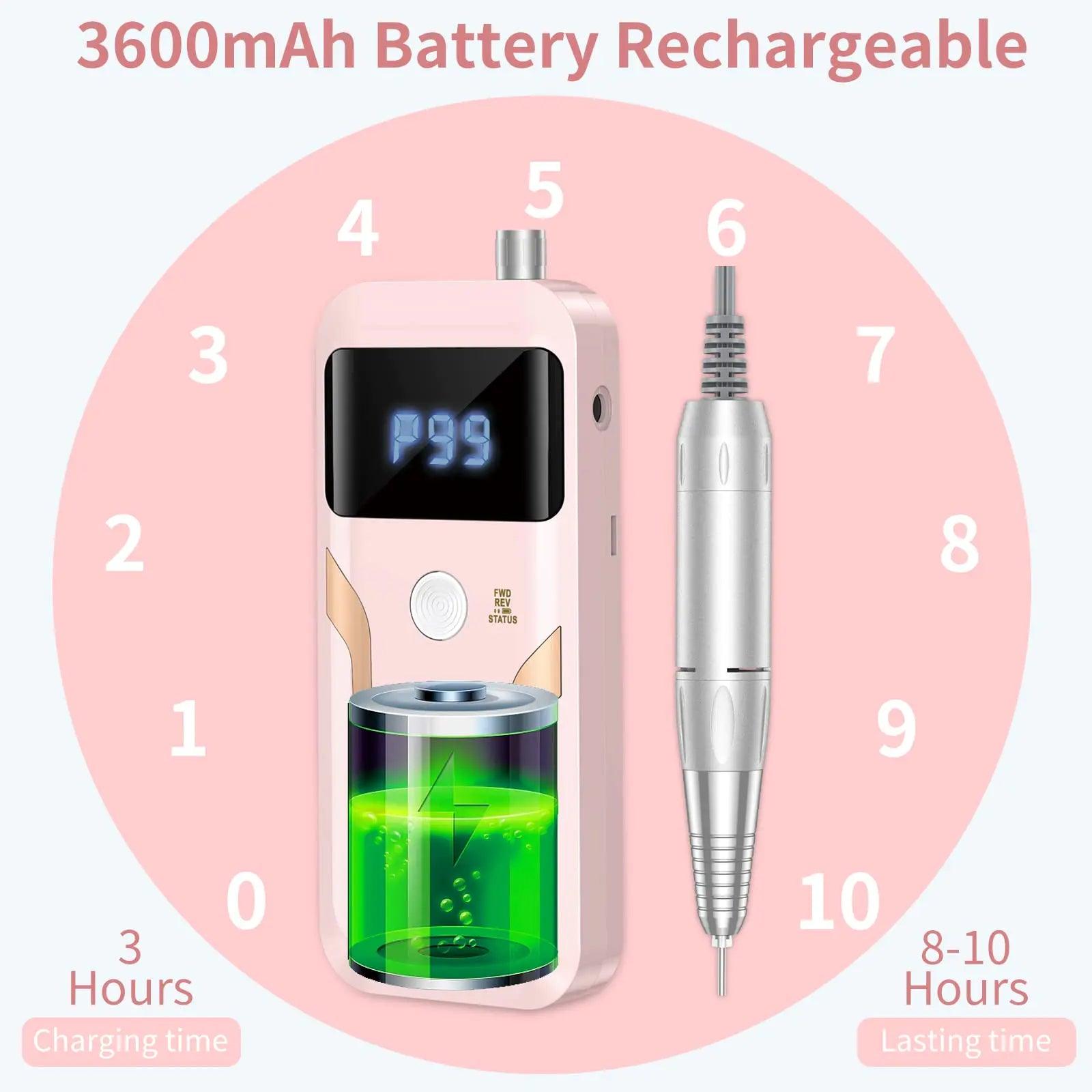 Portable Nail Drill Professional 35000 RPM, Rechargeable Electric Nail File Machine E File for Acrylic Nails Gel Polishing Removing, Cordless Efile with Bits Kit for Manicure Salon Home, Pink - Evallys.com # #