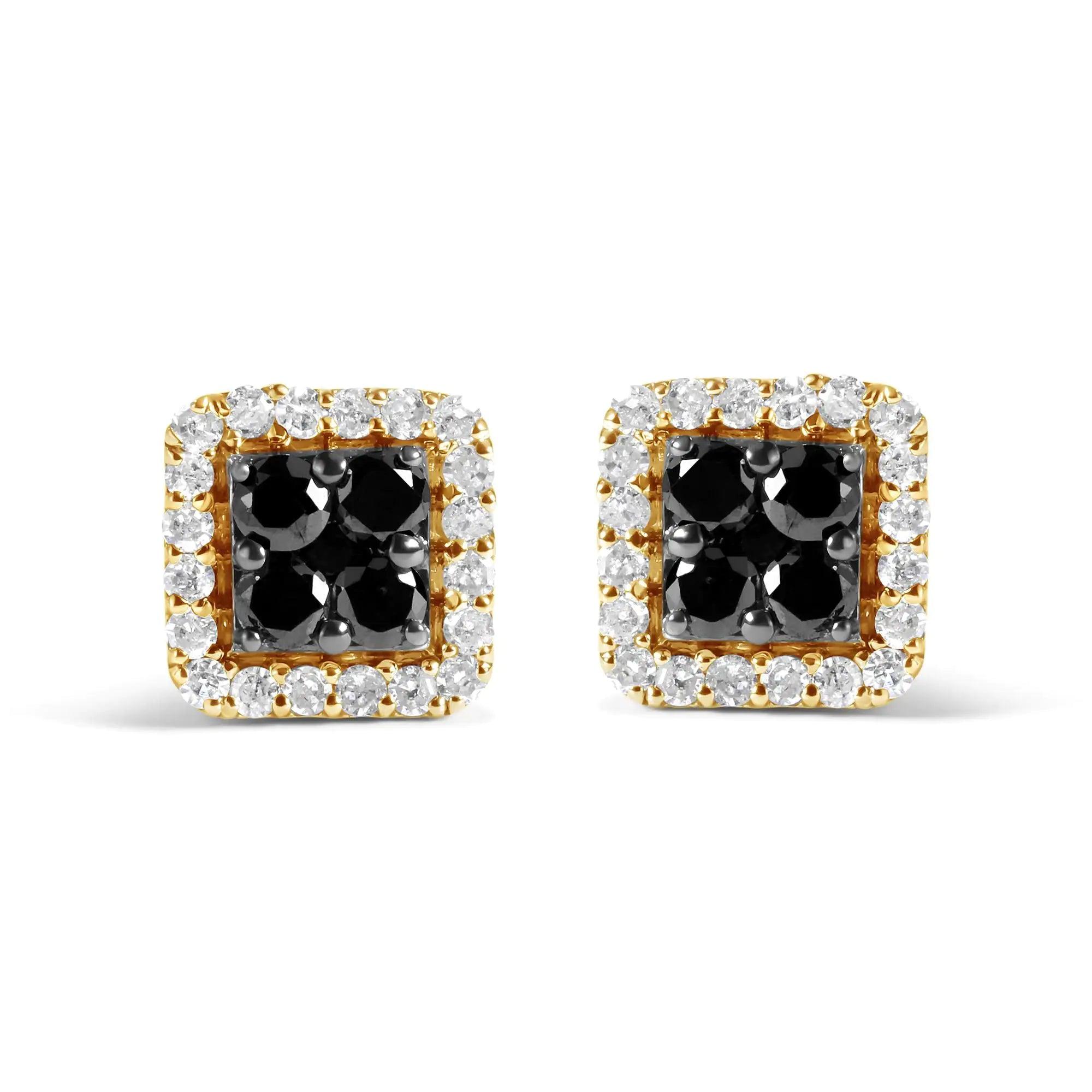 Men's 10K Yellow Gold 5/8 Cttw White and Black Treated Diamond Composite with Halo Stud Earring (Black / I-J, I2-I3 Clarity) - Evallys.com # #