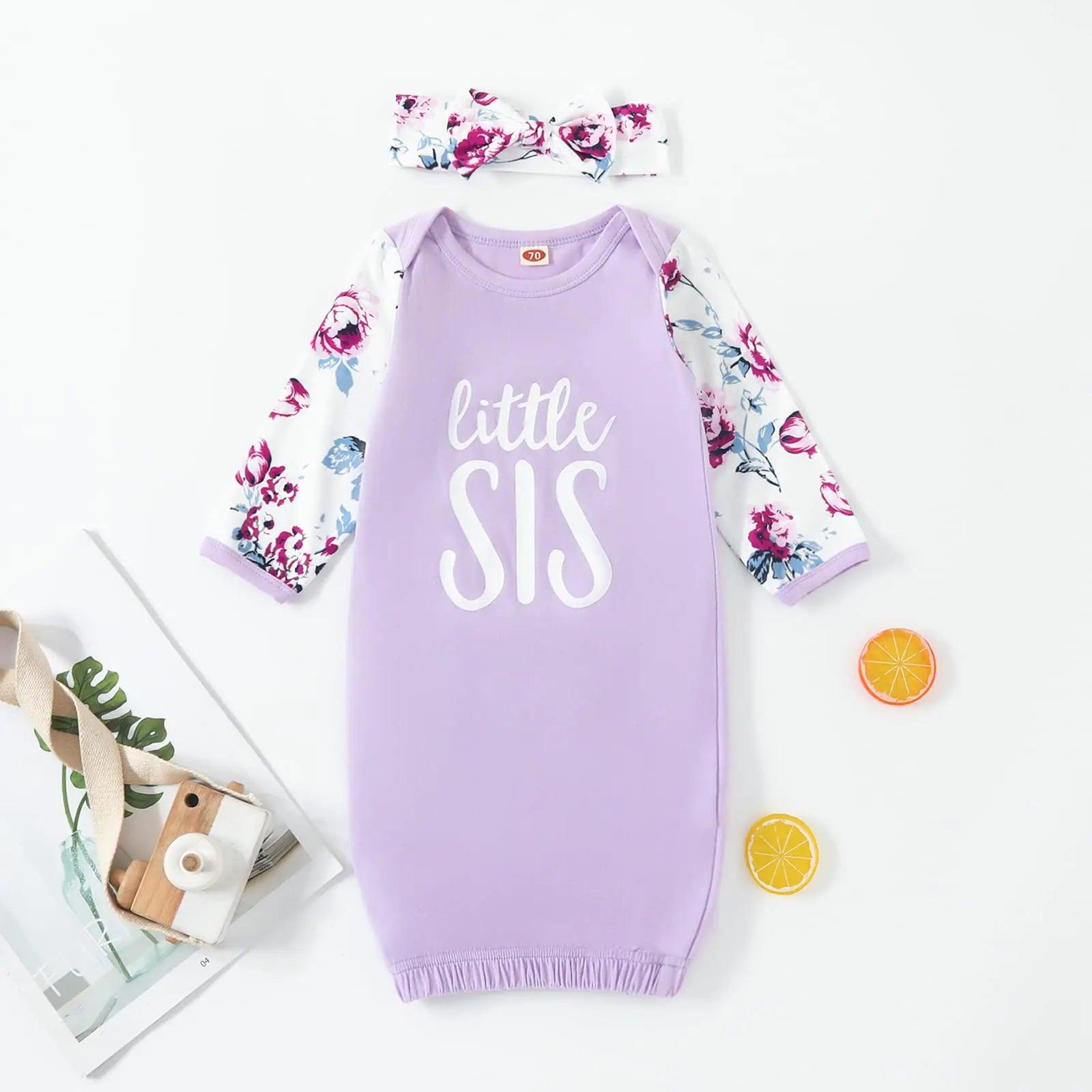 AMAWMW Newborn Baby Girl Little Sister Sleeper Gown Stripe Long Sleeve Nightgown Pajamas Gifts Stuff Essential Outfit A Purple Flower Sleeve 0-6 Months - Evallys.com # #