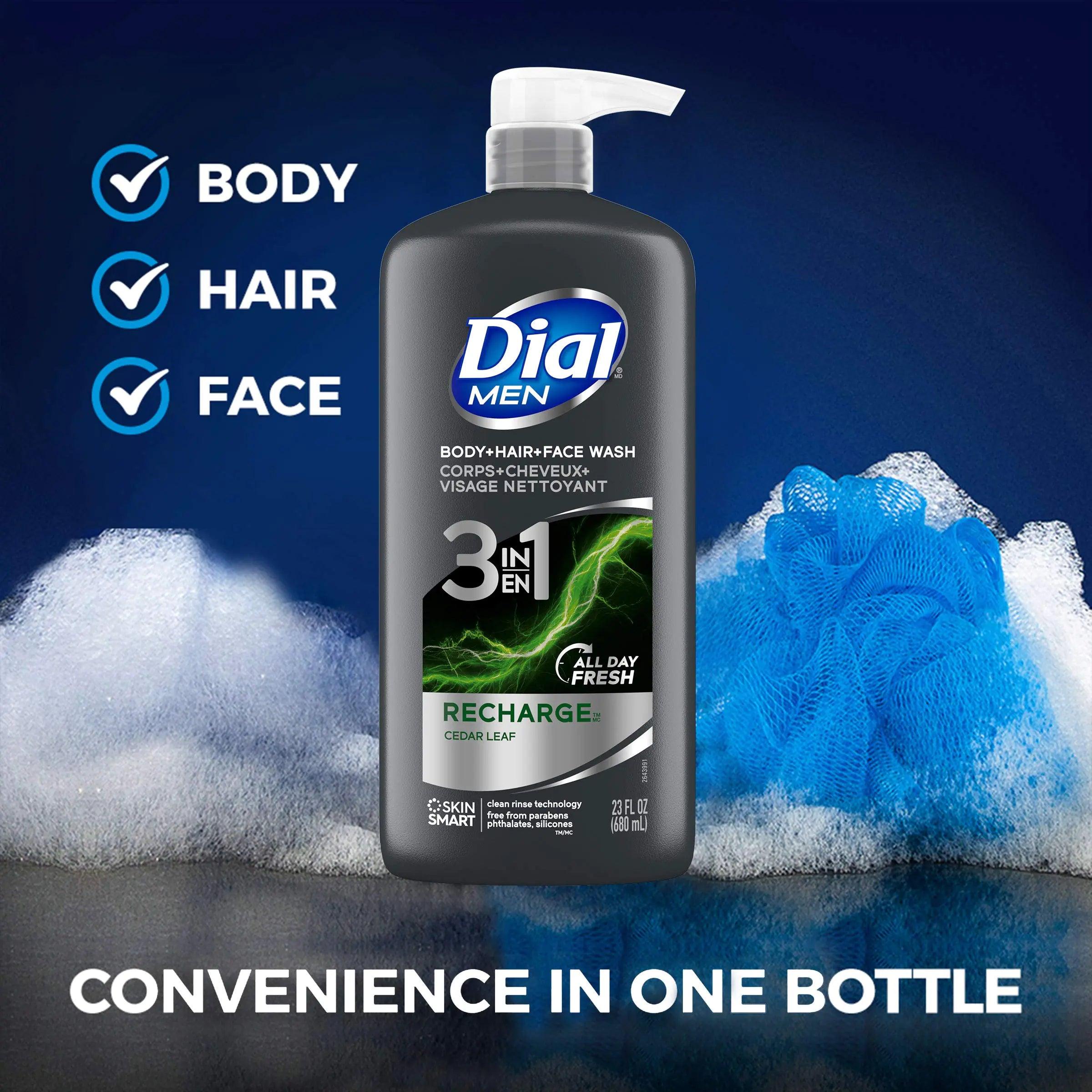 Dial Men 3in1 Body, Hair and Face Wash, Recharge, 69 fl oz (3-23 fl oz Bottles) 23 Fl Oz (Pack of 3) - Evallys.com # #