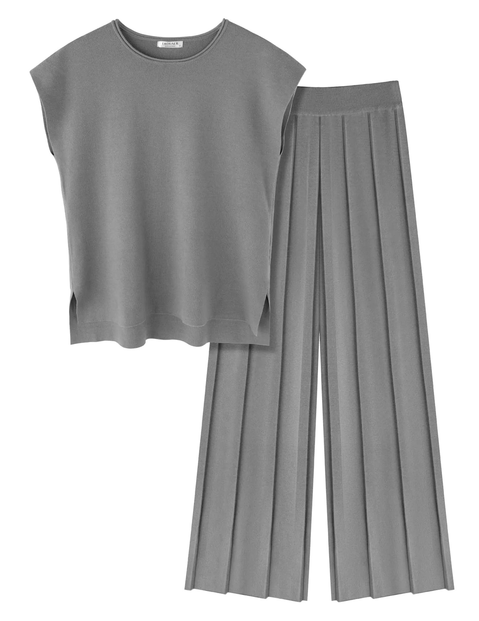 Ekouaer Lounge Sets for Women Two Piece Outfits Knit Cap Sleeve Tops Wide Leg Pleated Pants Casual Dressy Sweater Sets Light Gray XX-Large - Evallys.com # #