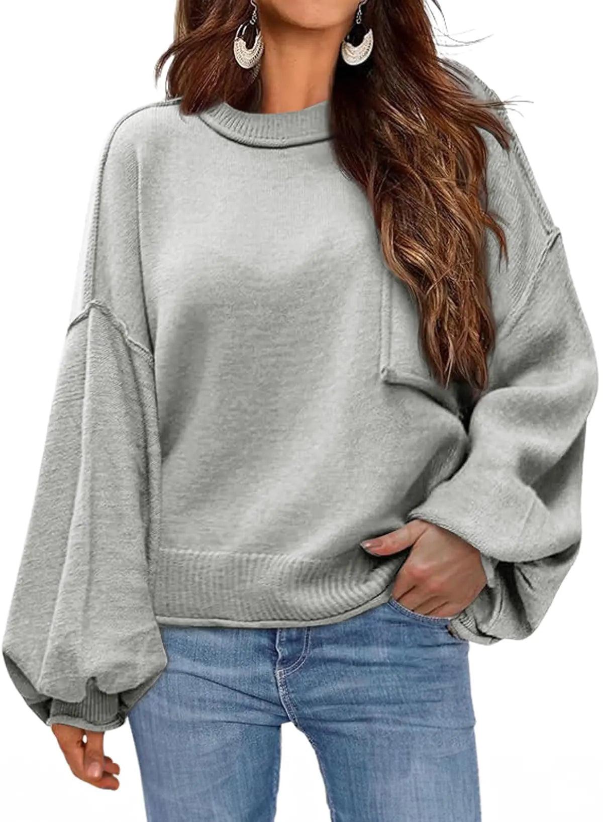 Dokotoo Women's Sweater 2024 Fall Winter Long Sleeve Casual Tops Ribbed Hem Knitwear Lantern Pullover Sweater Medium Gray - Evallys.com # #