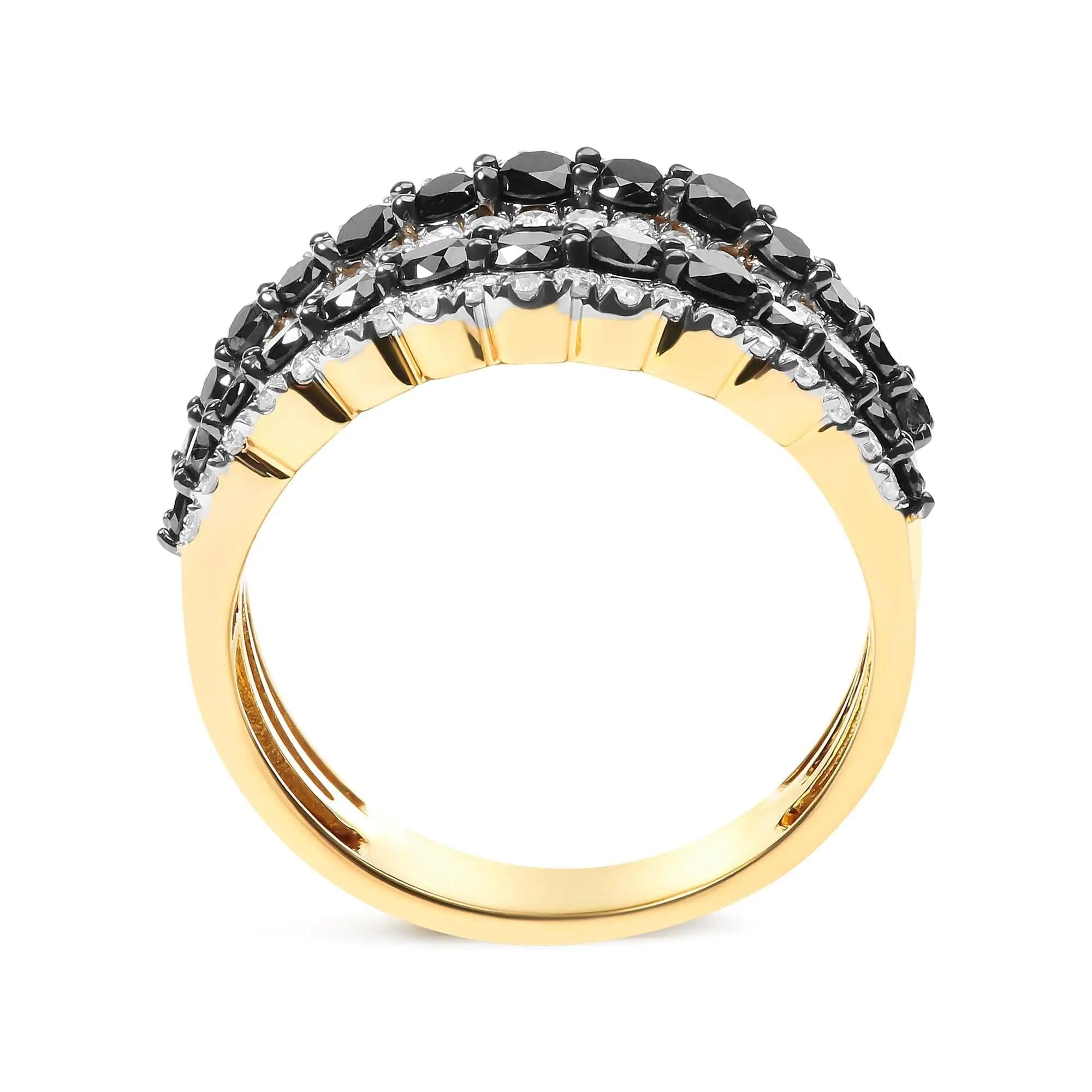 14K Yellow Gold Plated .925 Sterling Silver 1 3/4 Cttw Treated Black and White Alternating Diamond Multi Row Band Ring (Black / I-J Color, I2-I3 Clarity) - Evallys.com # #