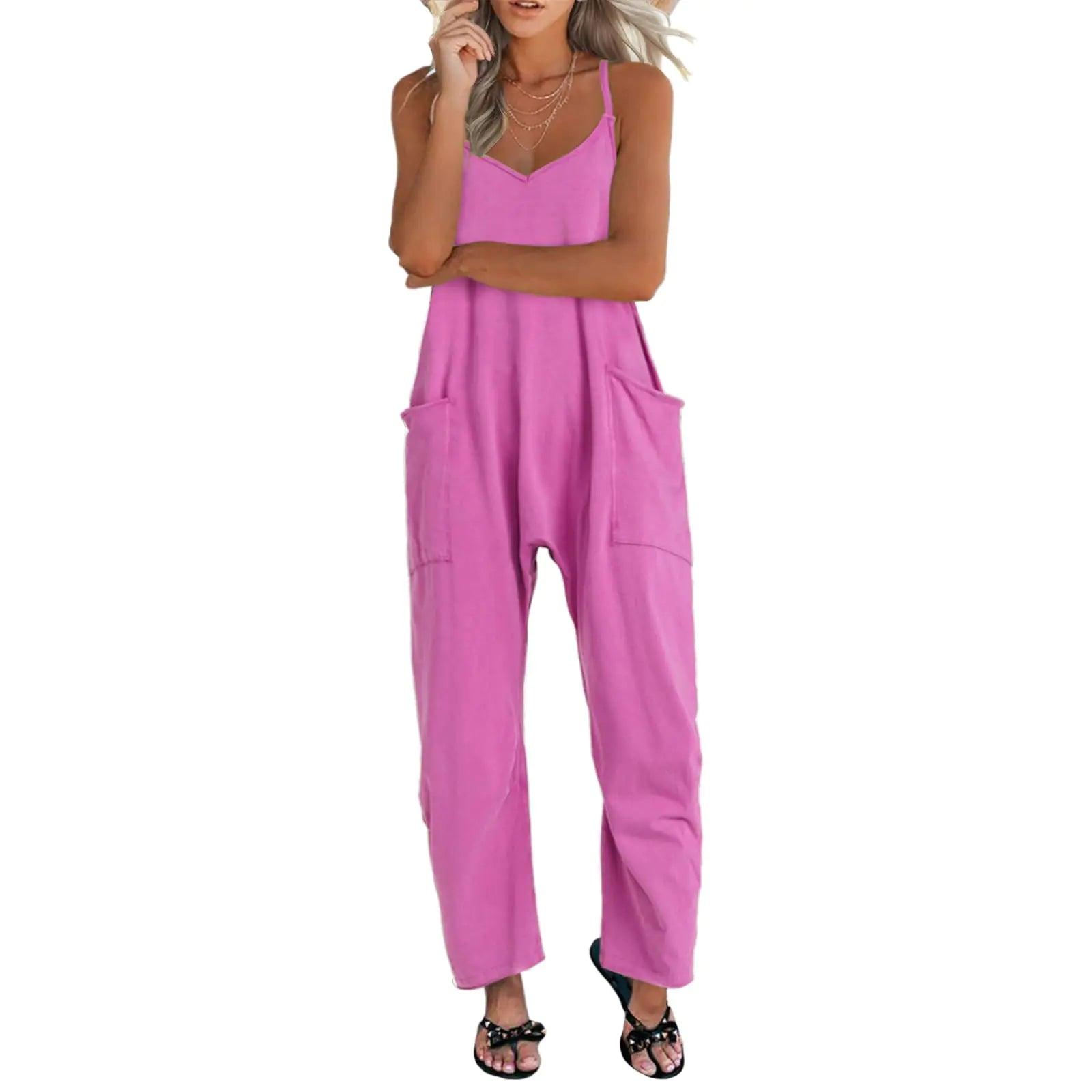 One Piece Jumpsuits for women V Neck Sleeveless Loose Fit overalls Spaghetti Strap Harem Long Pants with Pockets Purple Pink X-Large - Evallys.com # #