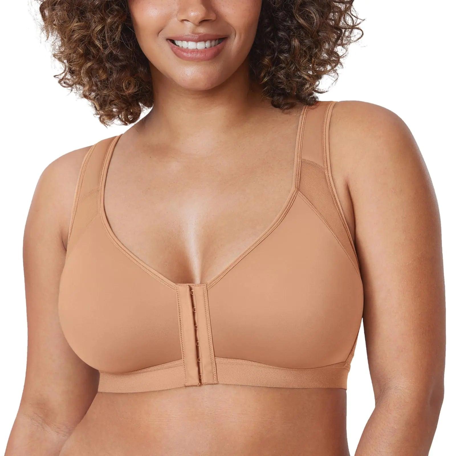 DELIMIRA Women's Front Closure Posture Wireless Back Support Full Coverage Bra 36DD Barely Buff - Evallys.com # #