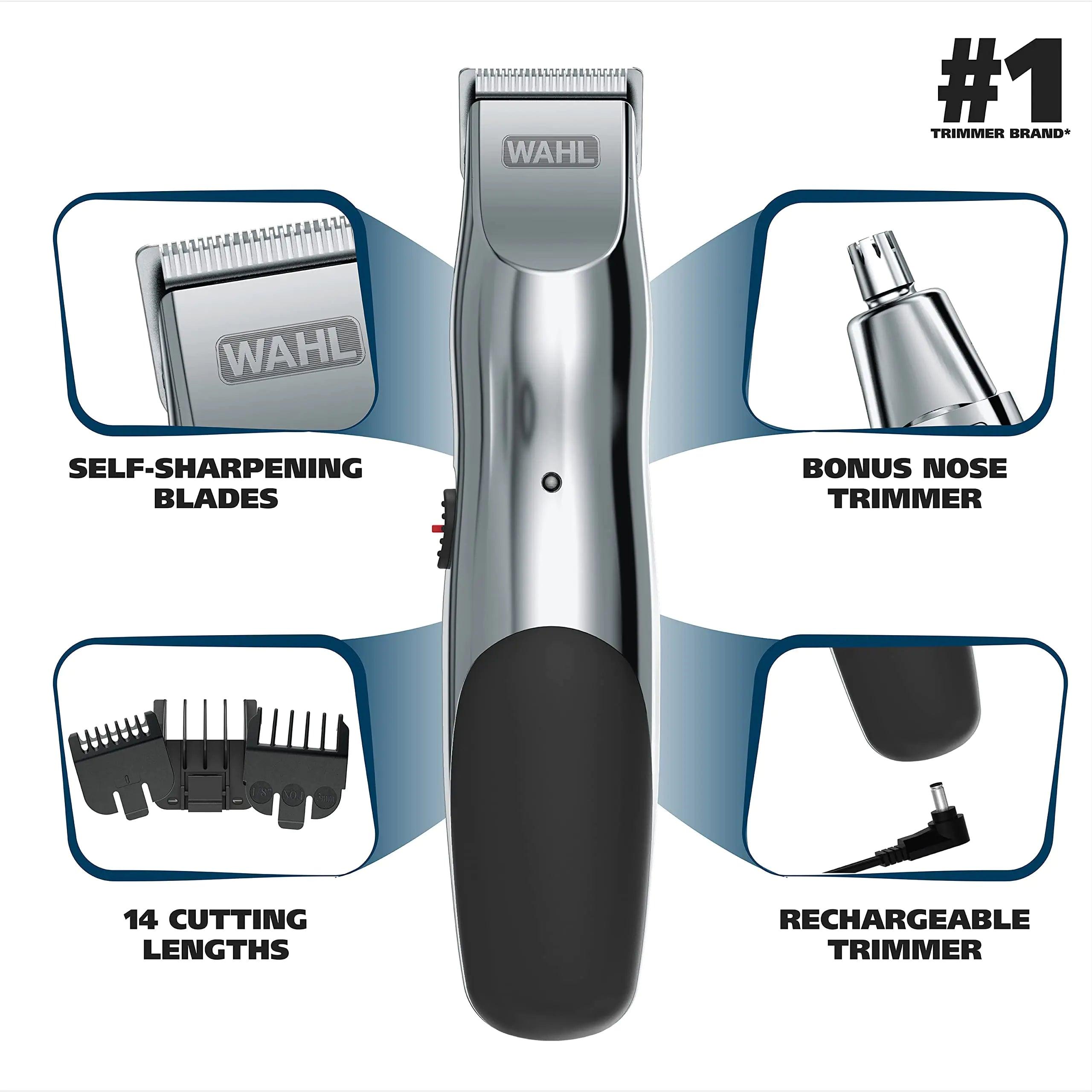 Wahl Groomsman Rechargeable Beard Trimmer kit for Mustaches, Nose Hair, and Light Detailing and Grooming with Bonus Wet/Dry Battery Nose Trimmer – Model 5622v Silver - Evallys.com # #