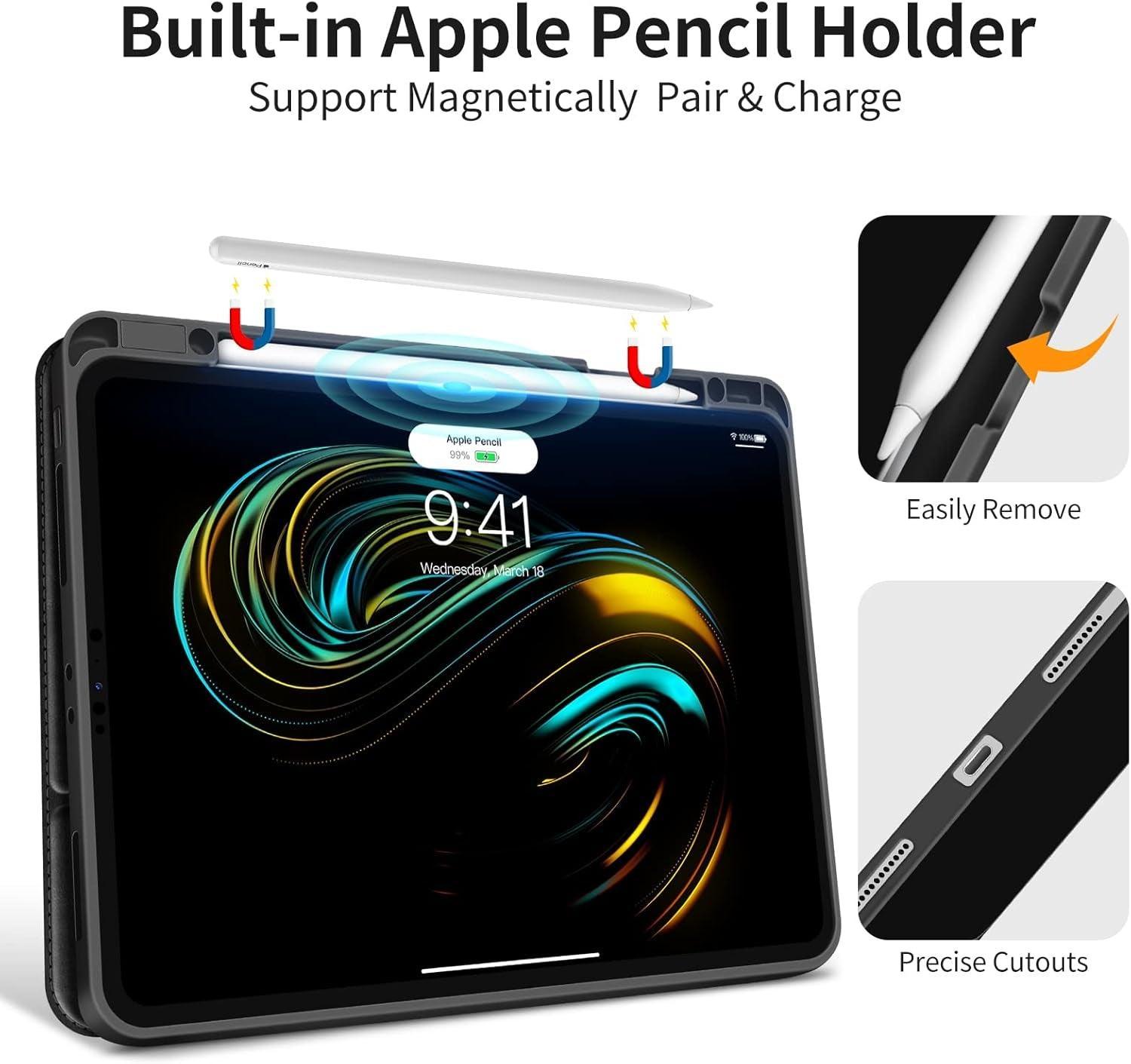 Bukoor Ipad Pro 12.9 Inch Case 6Th Generation (2022) 5Th/4Th/3Rd Generation (2021/2020/2018) with Pencil Holder, Auto Sleep/Wake,Vegan Leather Smart Cover (Black) - Evallys.com # #