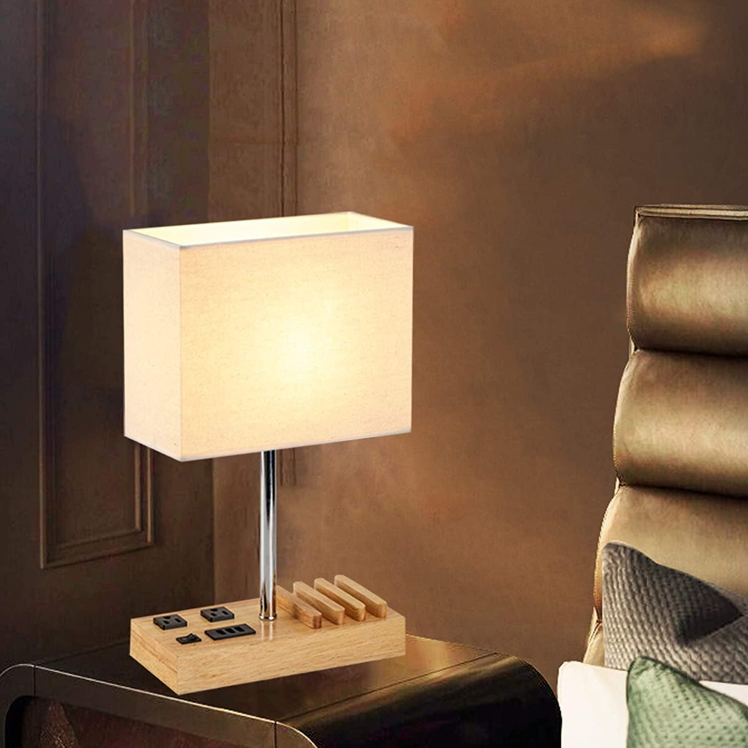 Dreamholder Desk Lamp with 3 USB Charging Ports, Table Lamp with 2AC Outlets and 3 Phone Stands, Nightstand Bedside Lamp with Natural Wooden Base and Cream Linen Shade - Evallys.com # #