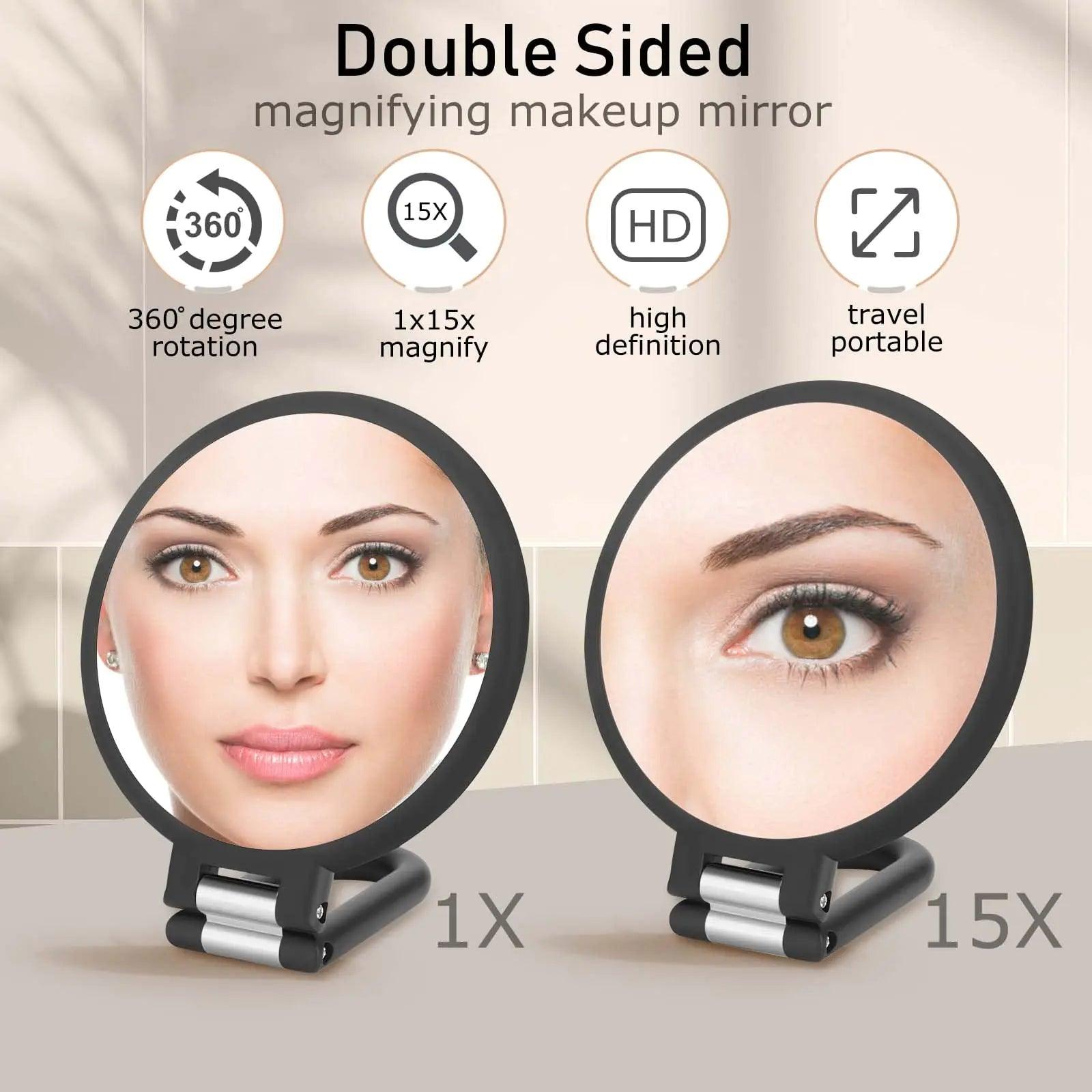 Magnifying Handheld Mirror Double Sided, 1X 15X Magnification Hand Mirror, Travel Folding Held Adjustable Rotation Pedestal Makeup Desk Vanity - Evallys.com # #