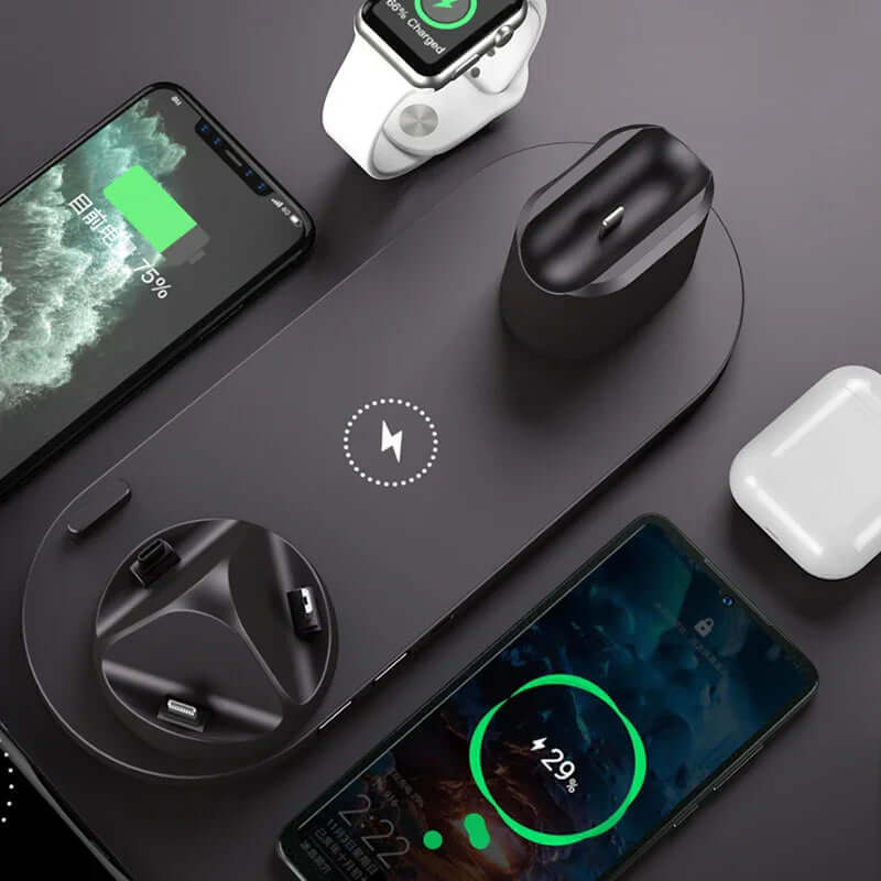 Wireless charger for iPhone and other devices, 6-in-1 charging station with fast charging functionality.
