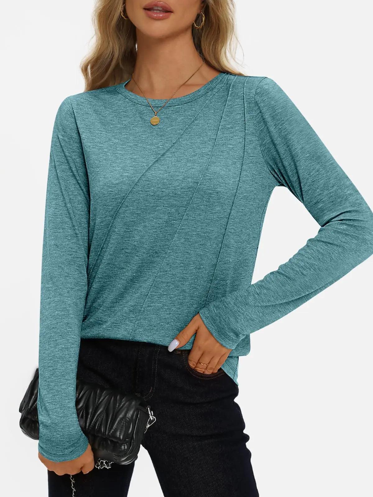 AUTOMET Womens Long Sleeve Shirts Pleated Crew Neck Casual Fall Fashion Tops Loose Fit Lightweight Girls Outfits Clothes Large Bluegreen - Evallys.com # #