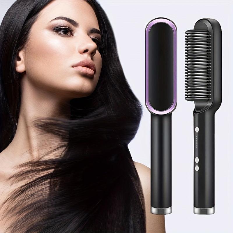 2-in-1 Electric Hair Straightener Brush Hot Comb Adjustment Heat Styling Curler Anti-Scald Comb, 2-in-1 Styling Tool For Long-Lasting Curls And Straight Hair - Evallys.com # #