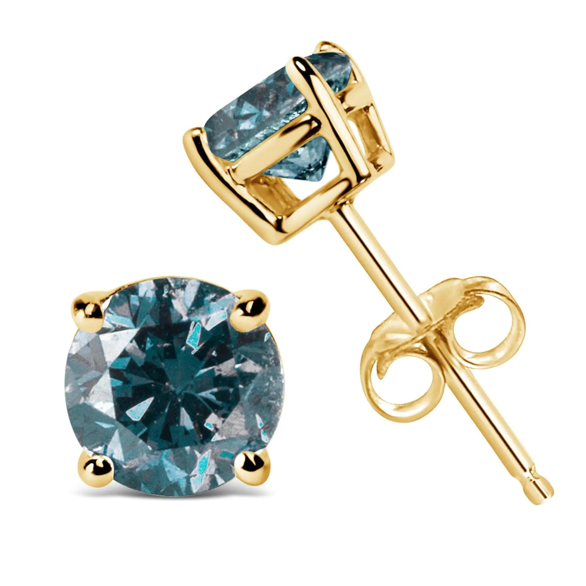 14K Gold Round Brilliant Cut Lab Grown Blue Diamond 4-Prong Classic Solitaire Stud Earrings with Pushbacks - Evallys.com # #