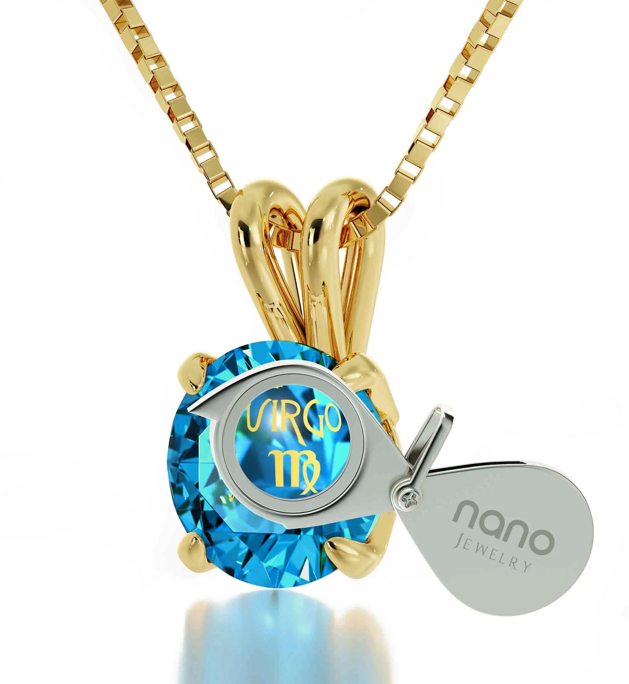 14k Yellow Gold Virgo Necklace Zodiac Pendant 24k Gold inscribed on Crystal - Evallys.com # #