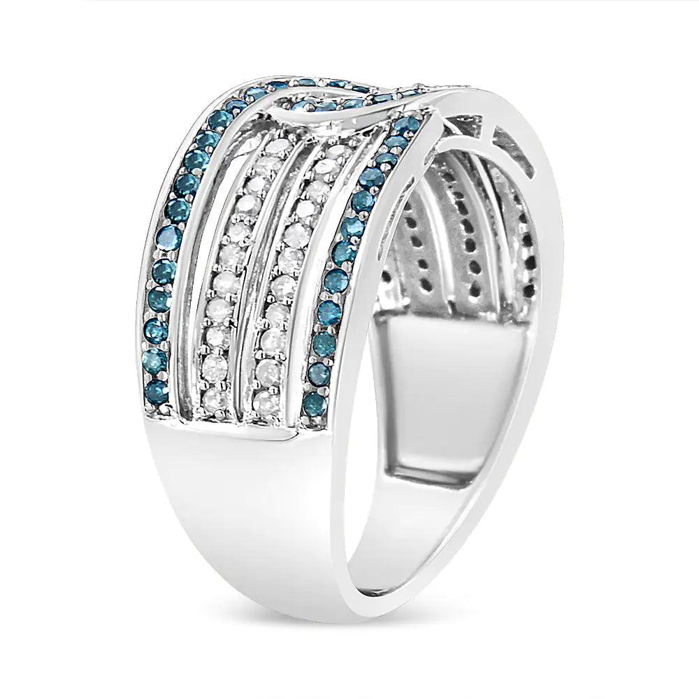 .925 Sterling Silver 1/2 Cttw White and Blue Color Treated Diamond Band Ring (H-I Color, I1-I2 Clarity) - Evallys.com # #