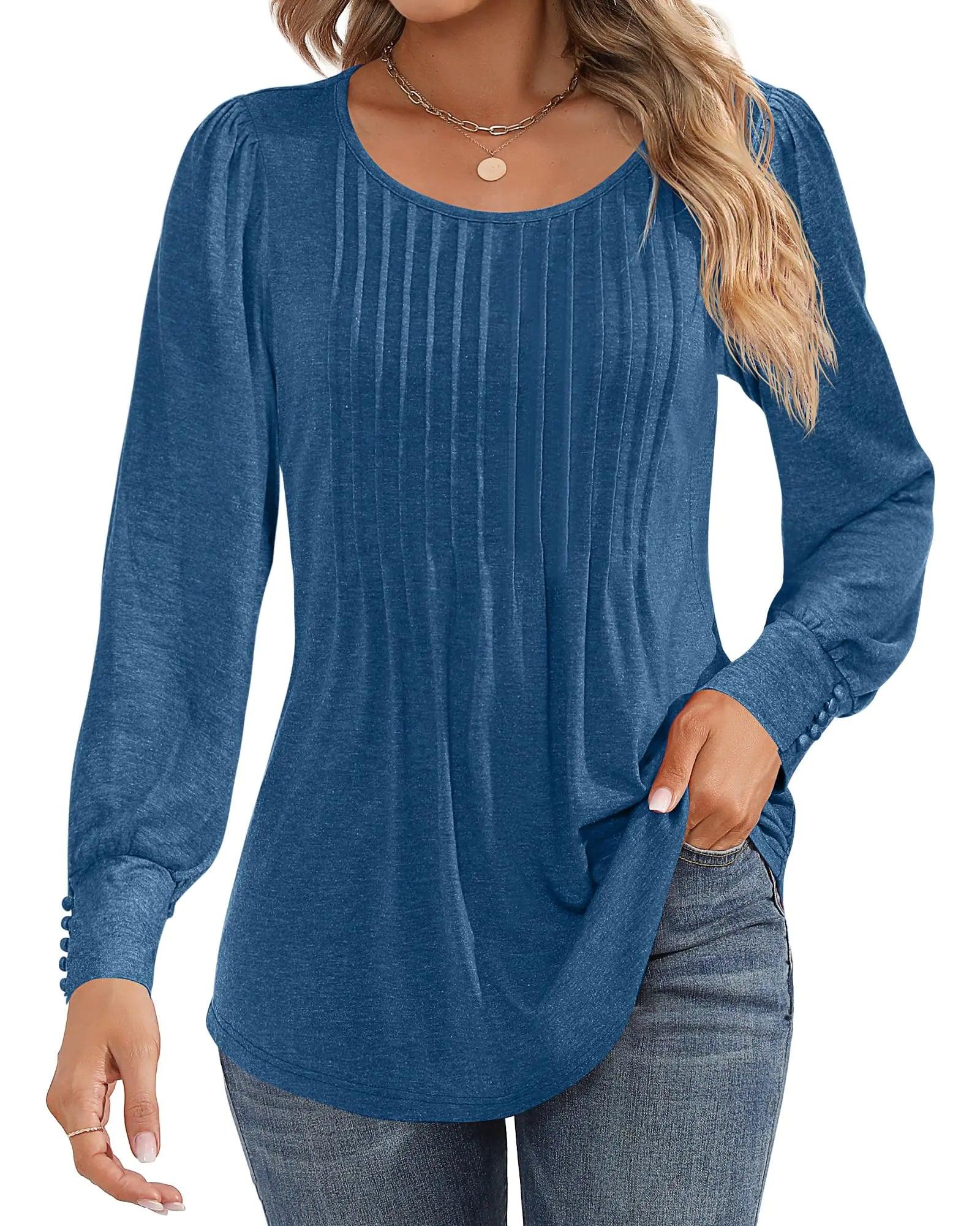 Ficerd Women's Puff Long Sleeve Tunic Tops Pleated Crew Neck Blouses Dressy Casual Loose Fit Fall and Winter Shirts Pink Floral Large - Evallys.com