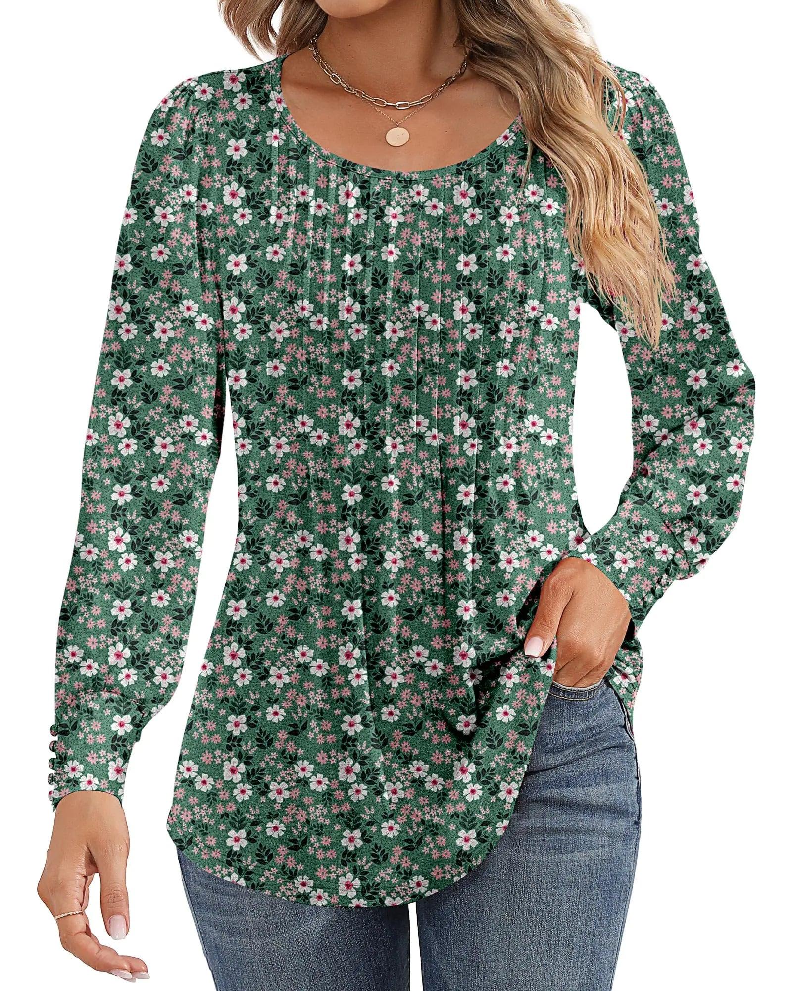 Ficerd Women's Puff Long Sleeve Tunic Tops Pleated Crew Neck Blouses Dressy Casual Loose Fit Fall and Winter Shirts Pink Floral Large - Evallys.com