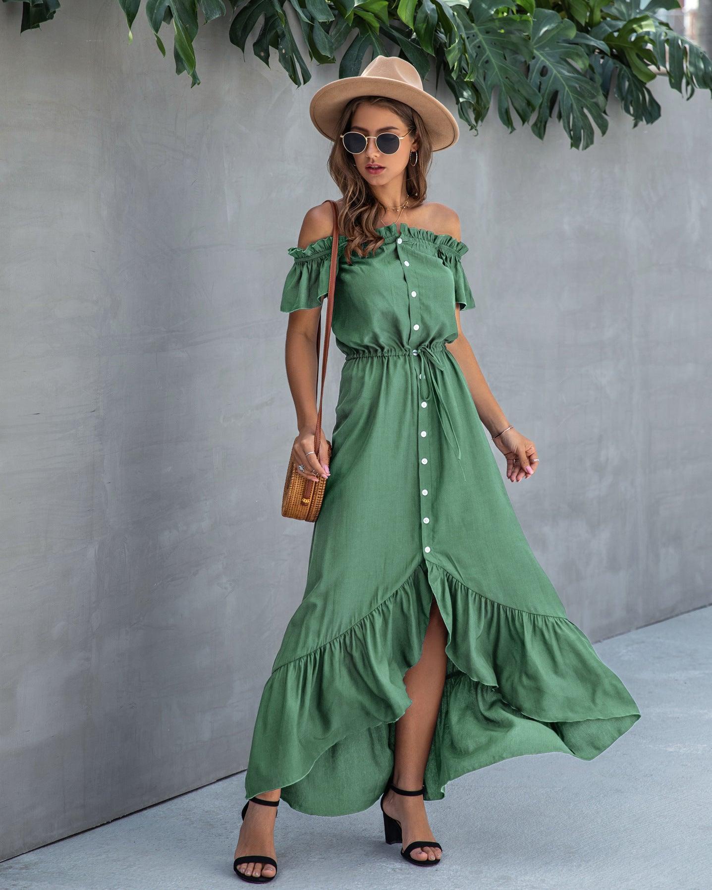 Irregular ruffled female dress with one-line collar tether - Evallys.com # #