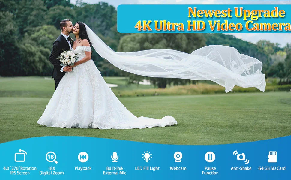 UHD 4k Video Camera Camcorder with 18X Digital Zoom,64MP Digital Camera Recorder,4.0-inch Rotating Touchscreen,64GB SD Card,Micr - Evallys.com