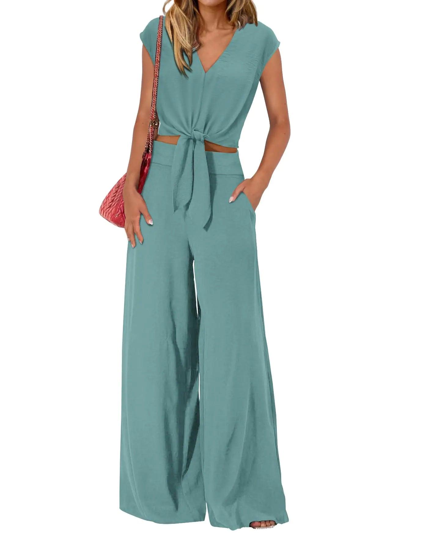 PRETTYGARDEN Women's Summer 2 Piece Outfits 2024 Cap Sleeve V Neck Belted Crop Tops Wide Leg Pant Sets Casual Tracksuit Small Solid Blue Green - Evallys.com # #