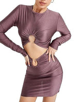 Women's Skirt Slim Fit Midriff Outfit Metal Buckle Long Sleeve Short Dress - Evallys.com # #