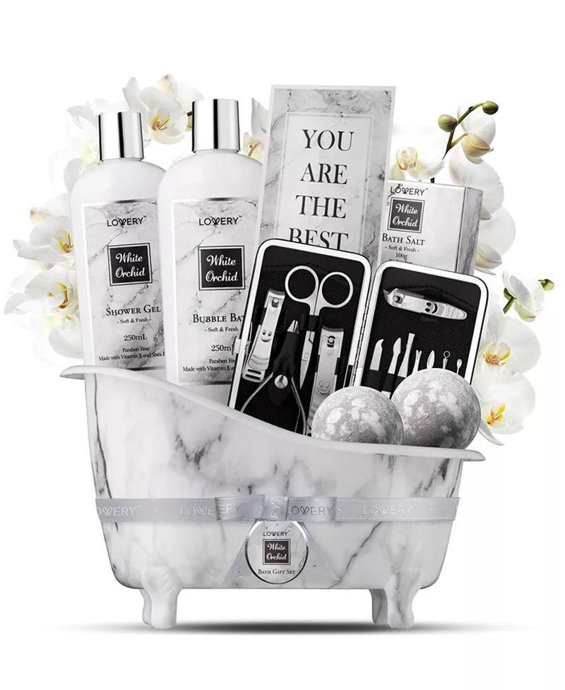 Self Care Gift Basket, White Orchid Care Package, Bath and Body Gift Set, Pampering Package, 20 Piece - Evallys.com # #