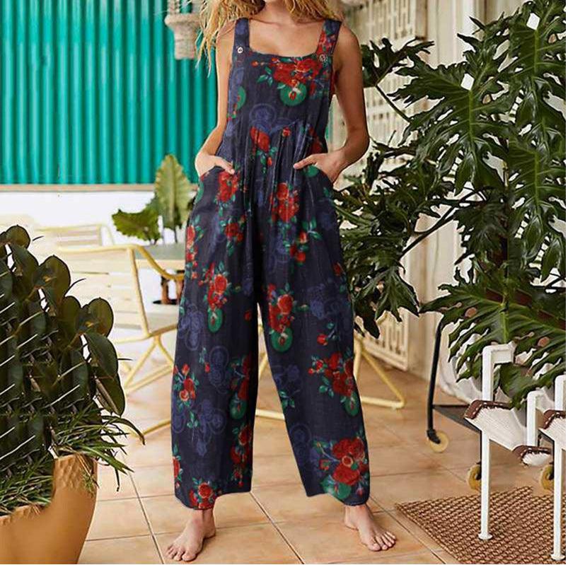 Patchwork Printed Button Suspender Jumpsuit - Evallys.com # #