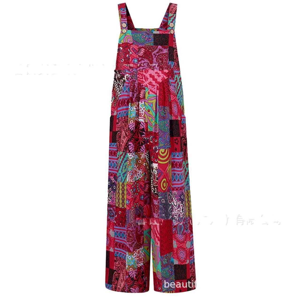 Patchwork Printed Button Suspender Jumpsuit - Evallys.com # #