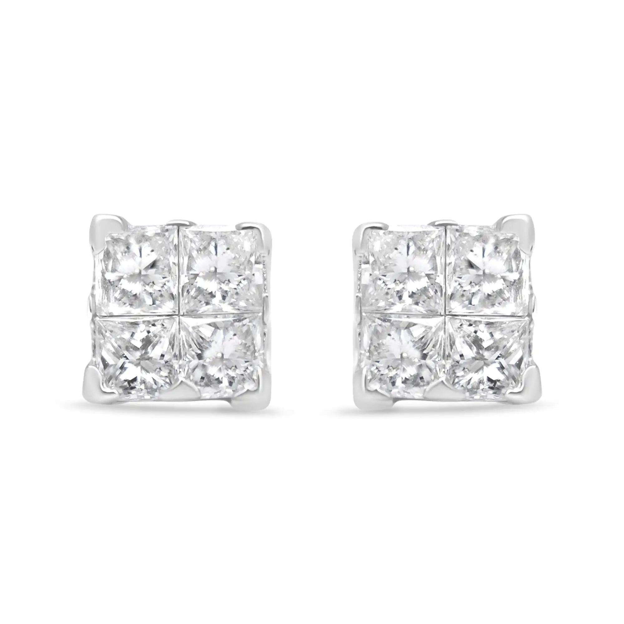 .925 Sterling Silver 5/8 Cttw Princess Cut Diamond Invisible Set Quad Composite Stud Earrings (I-J Color, I2-I3 Clarity) - Evallys.com # #