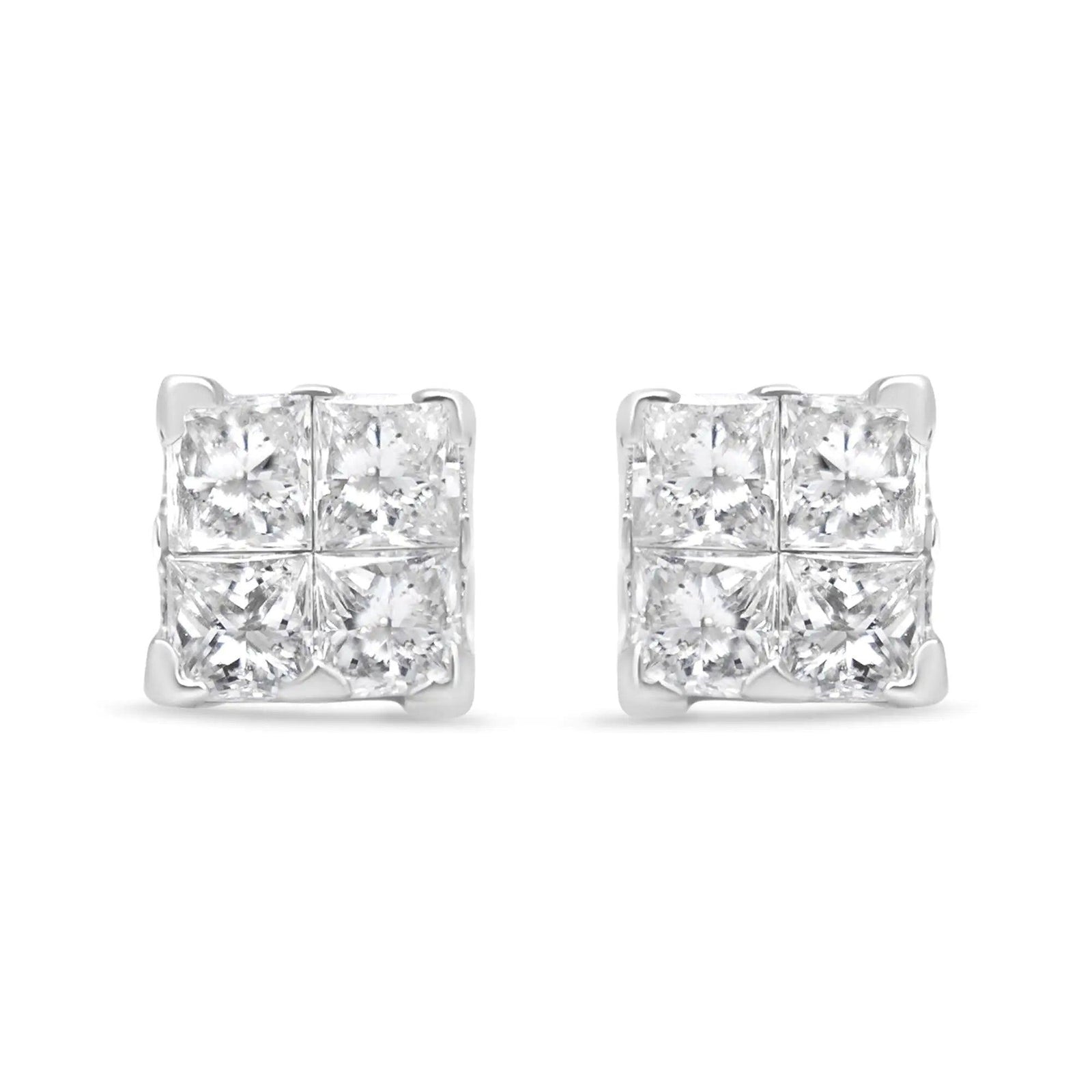 .925 Sterling Silver 5/8 Cttw Princess Cut Diamond Invisible Set Quad Composite Stud Earrings (I-J Color, I2-I3 Clarity) - Evallys.com # #