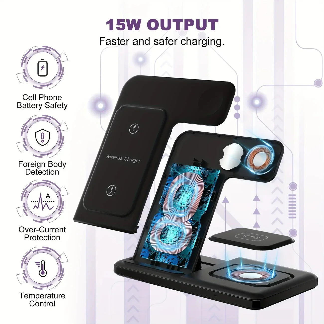 15W Fast Charging Three-in-one Wireless Charger - Evallys.com