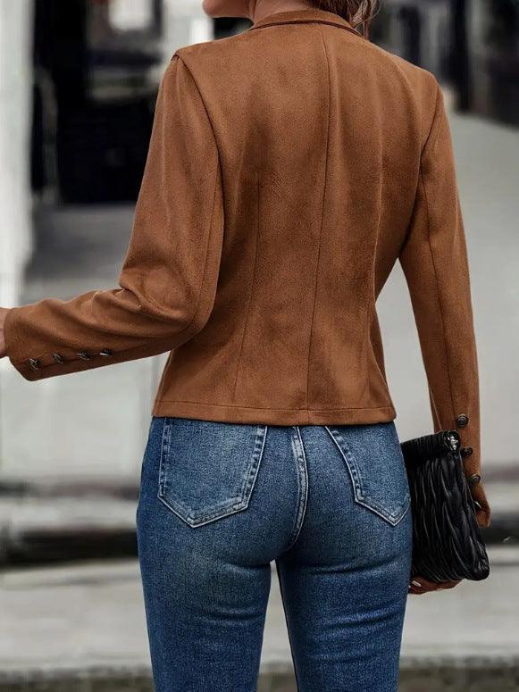 Solid Short Jacket Double Breasted Decorative Design Fashion Retro Suede Long Sleeve Outwear Tops Coat For Womens Clothing - Evallys.com # #