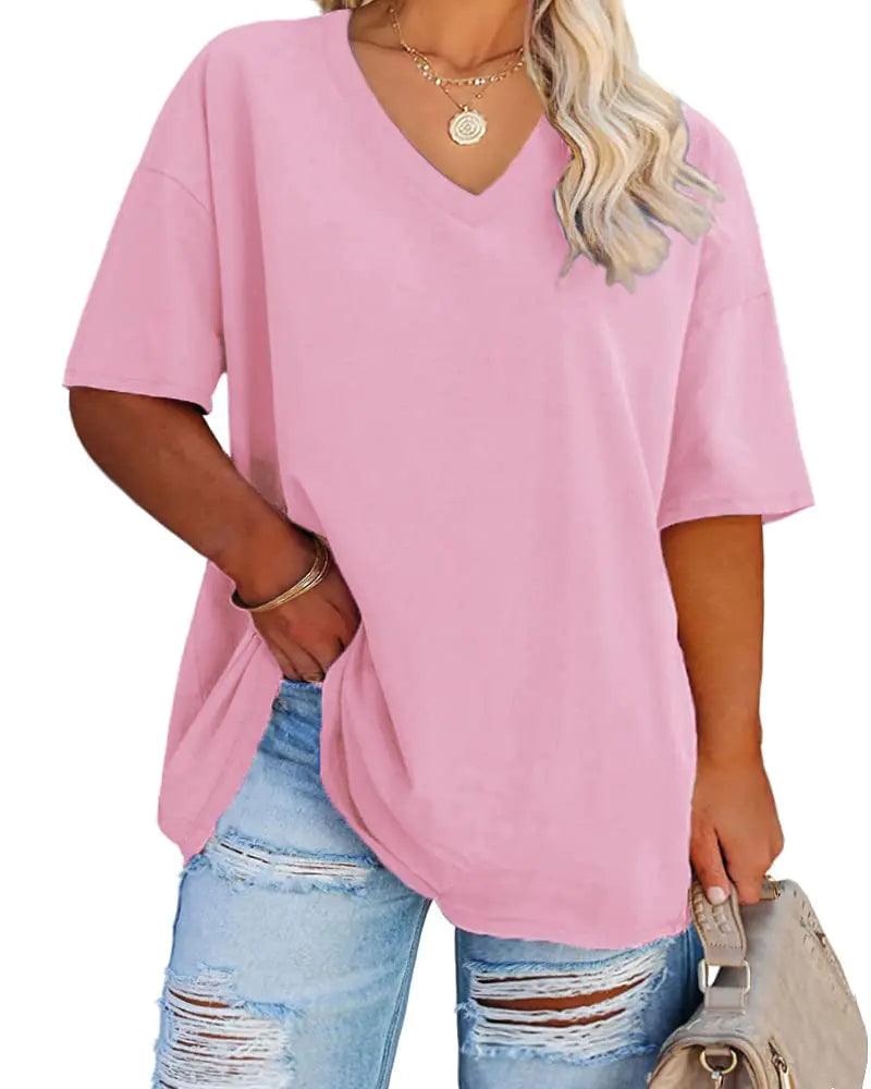 Women's Plus Size V Neck T Shirts Summer Half Sleeve Tees Casual Loose Fit Cotton Tunic Tops XX-Large Plus Khaki - Evallys.com