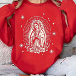 Long-Sleeved Sweater with Dropped Shoulders, Floral Print with the Virgin Mary Hoodie - Evallys.com # #