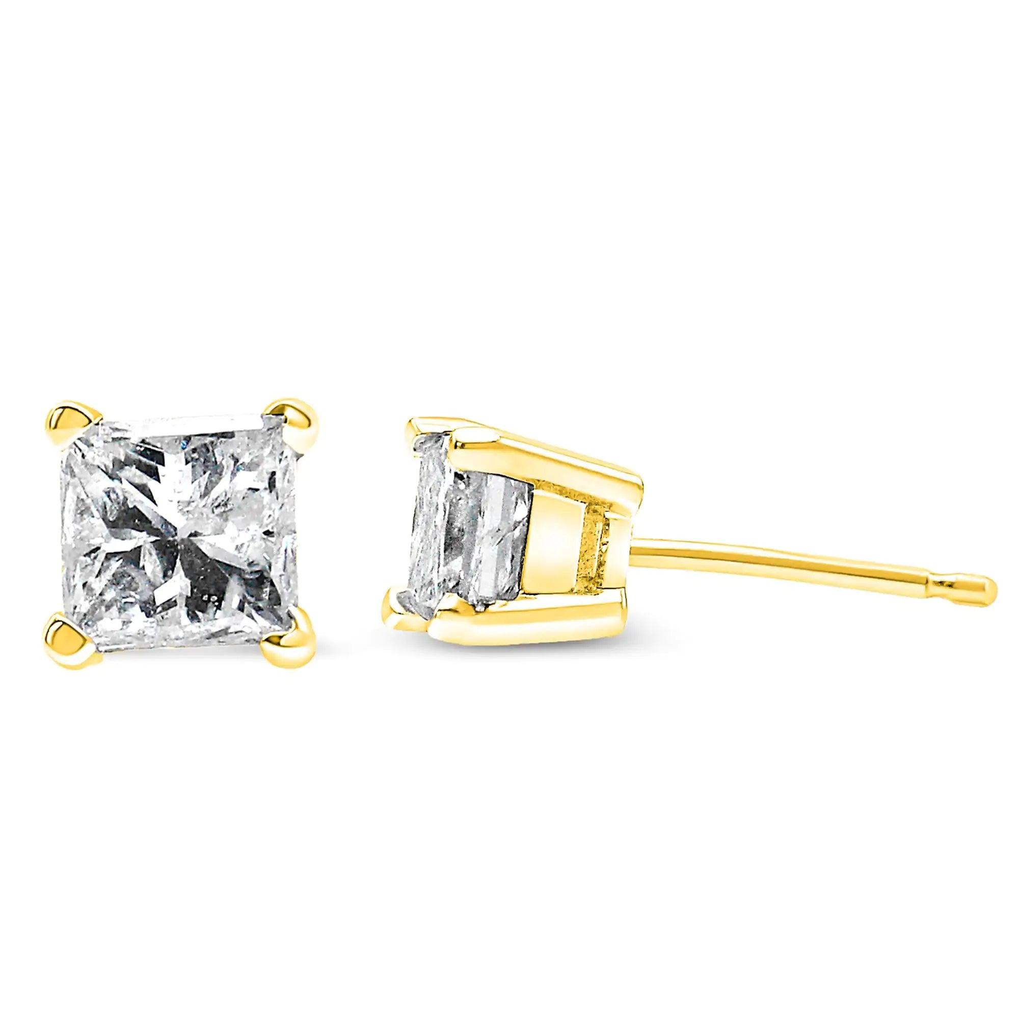 10K Yellow Gold 3/4 Cttw Princess-Cut Square Near Colorless Diamond Classic 4-Prong Solitaire Stud Earrings (J-K Color, I2-I3 Clarity) - Evallys.com # #