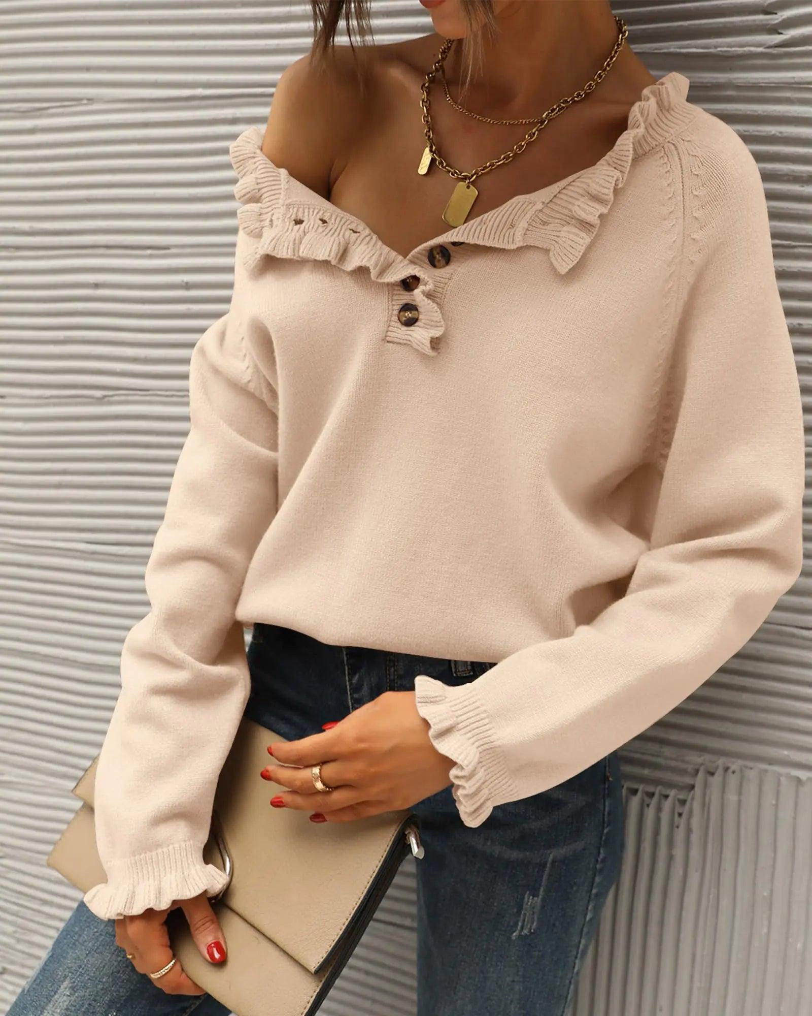 BTFBM 2024 Womens Sweaters Fall Winter Outfits Long Sleeve Button Down Ruffle Crew Neck Casual Knitted Pullover Tops Solid Beige Small - Evallys.com # #