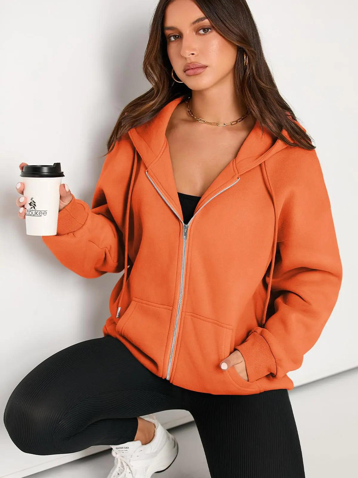 EFAN Women's Drawstring Zip Up Cute Hoodies Fall Jacket Oversized Casual Sweatshirts with Pocket X-Small Orange - Evallys.com # #